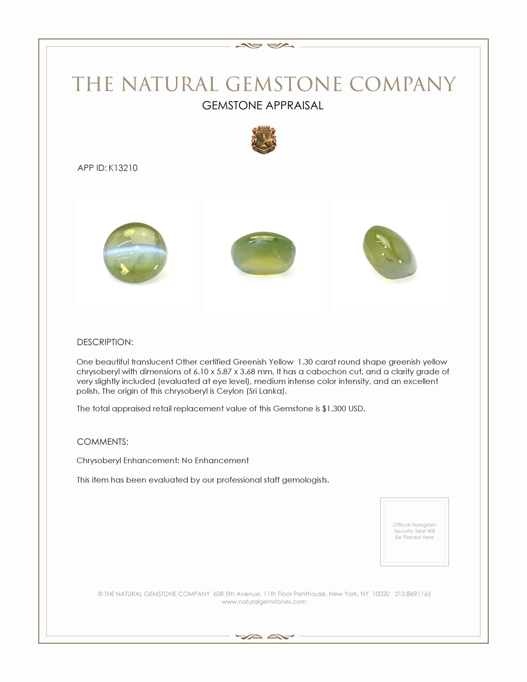 1.30 Ct. Cabochon Chrysoberyl from Ceylon (Sri Lanka)