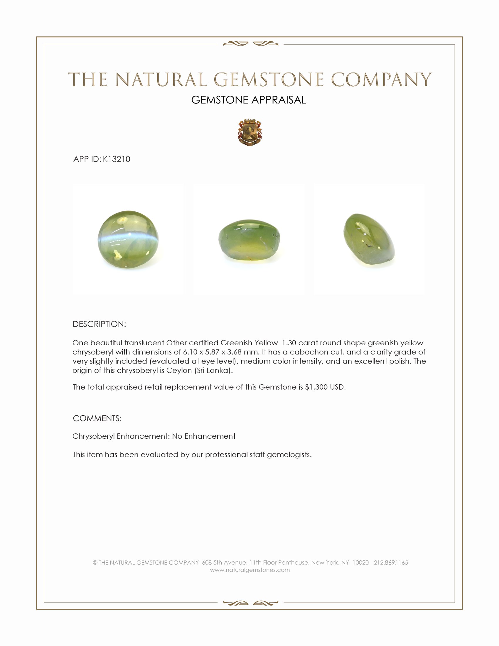 1.30 Ct. Greenish Yellow Cabochon Chrysoberyl from Ceylon (Sri Lanka)