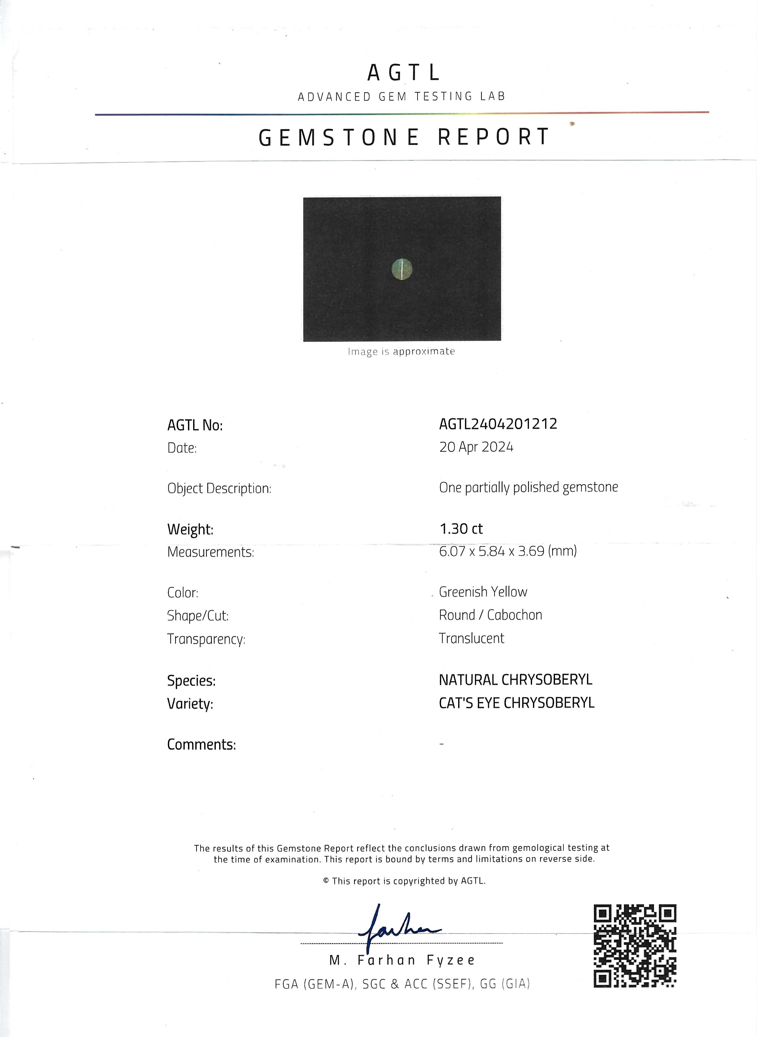 1.30 Ct. Cabochon Chrysoberyl from Ceylon (Sri Lanka)