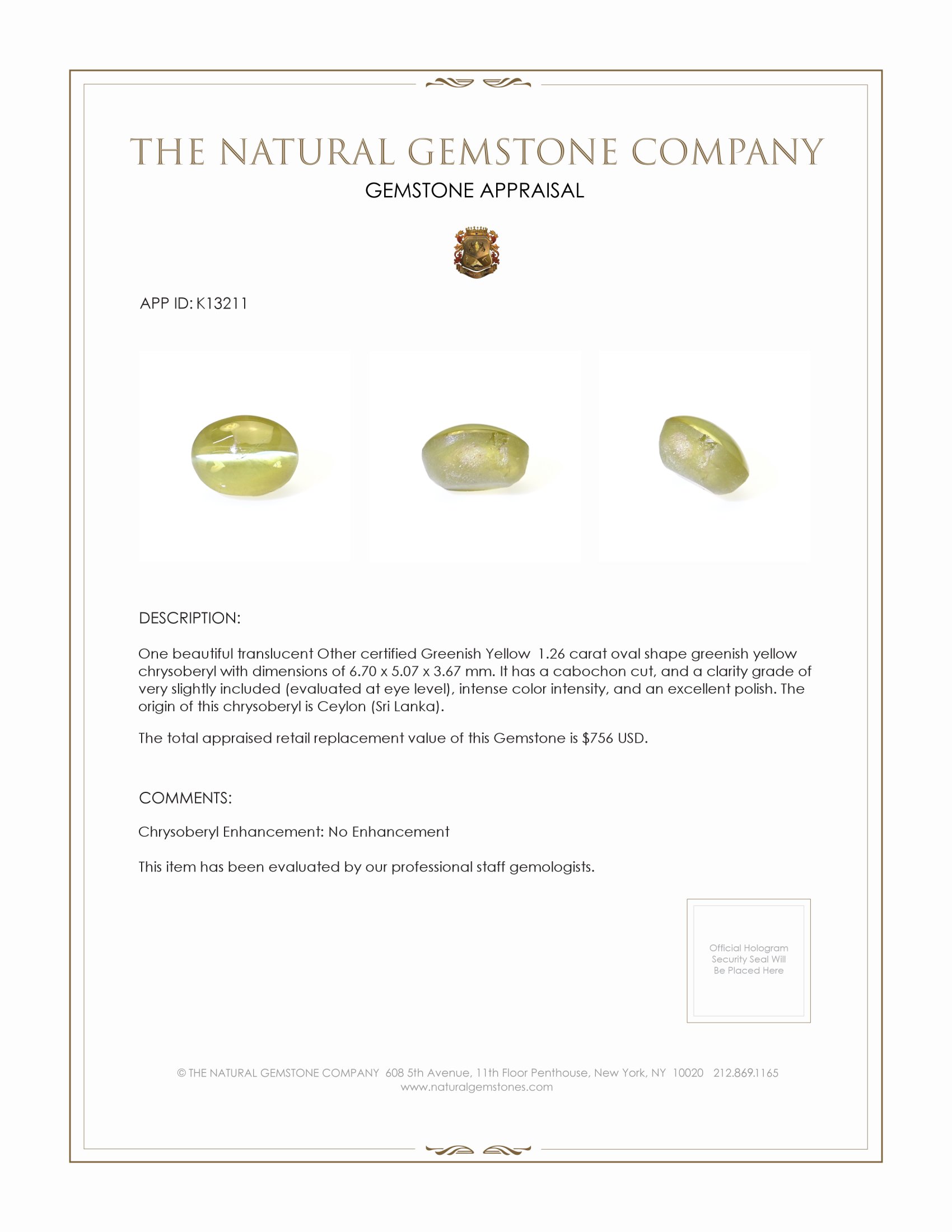 1.26 Ct. Cabochon Chrysoberyl from Ceylon (Sri Lanka)