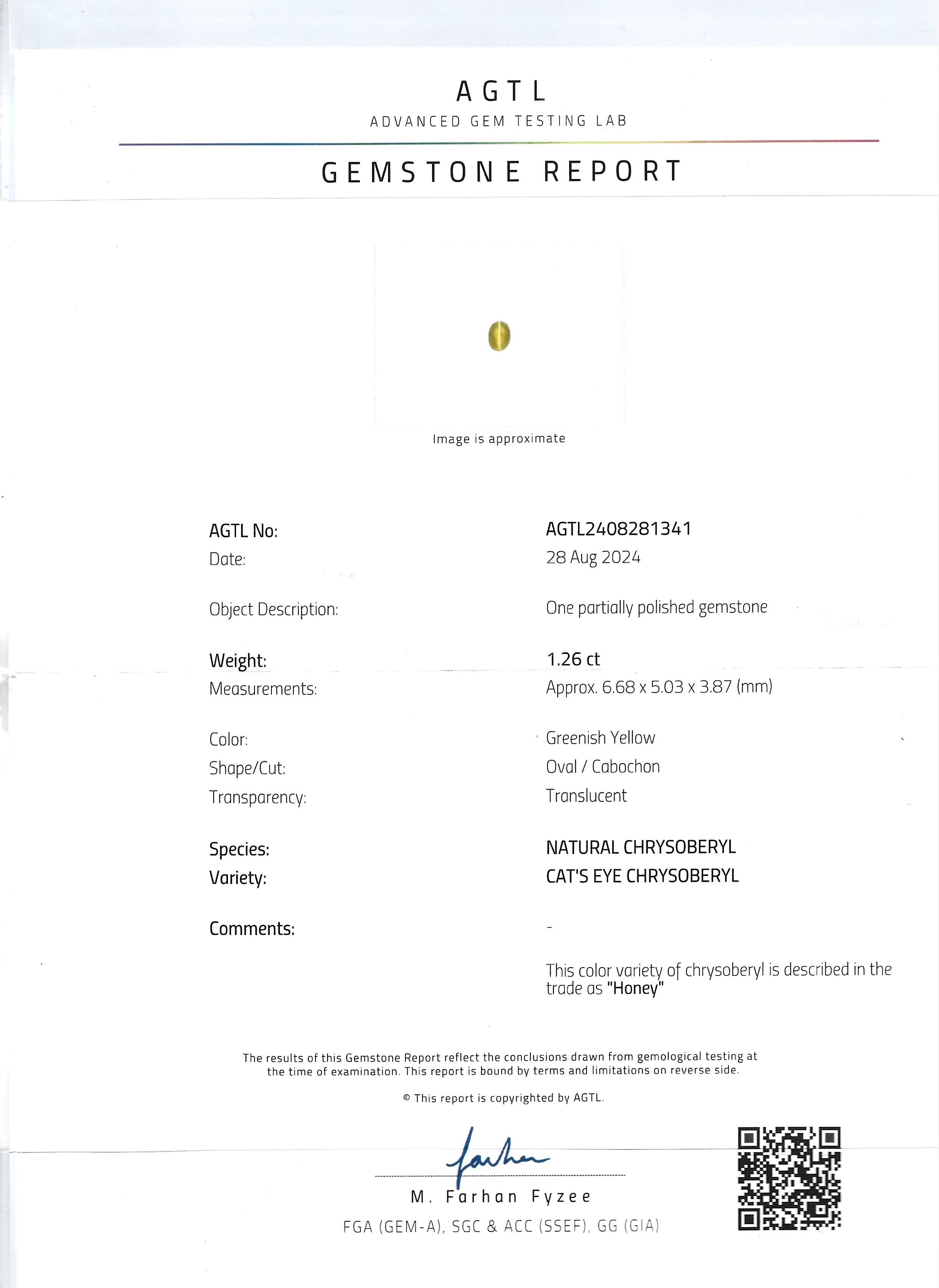 1.26 Ct. Cabochon Chrysoberyl from Ceylon (Sri Lanka)