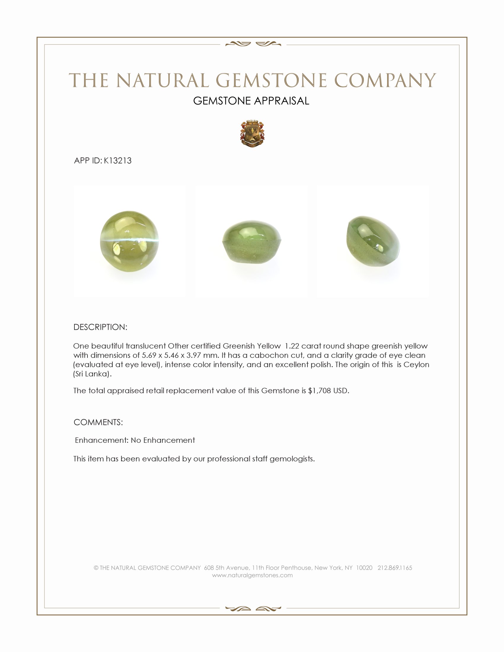 1.22 Ct. Greenish Yellow Cabochon Chrysoberyl from Ceylon (Sri Lanka)