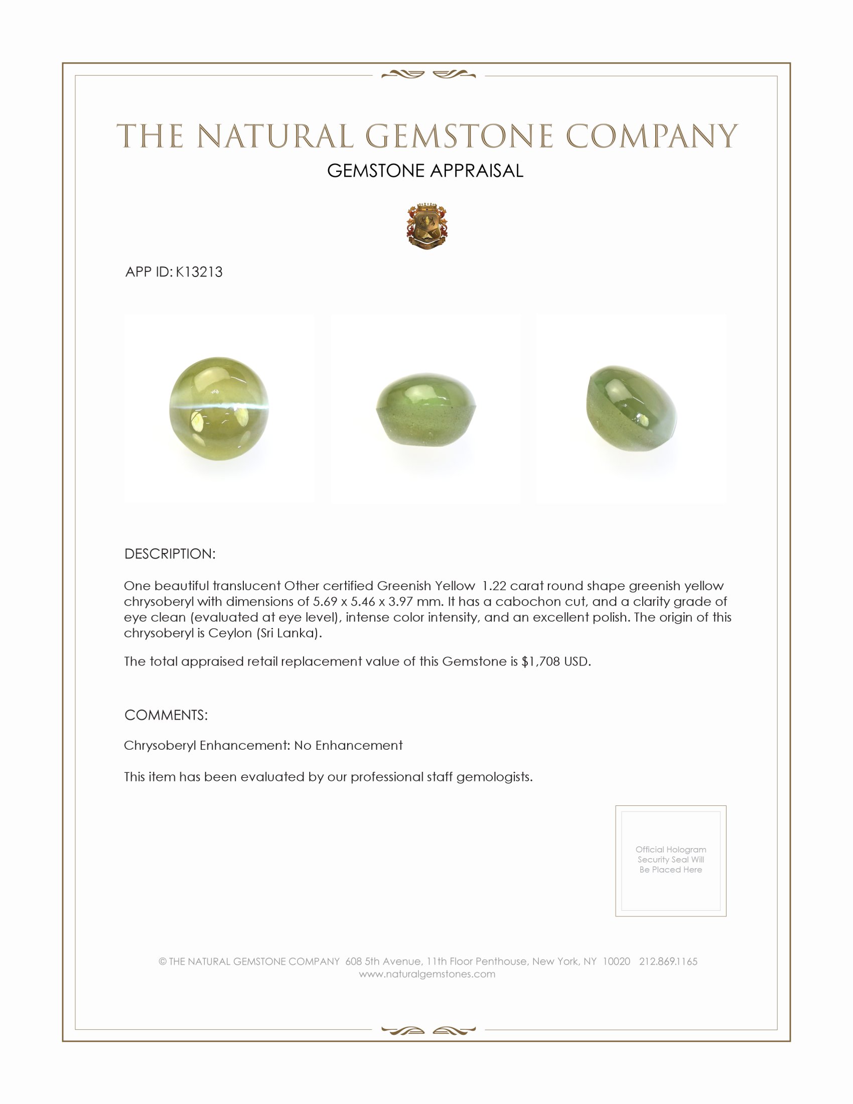 1.22 Ct. Cabochon Chrysoberyl from Ceylon (Sri Lanka)