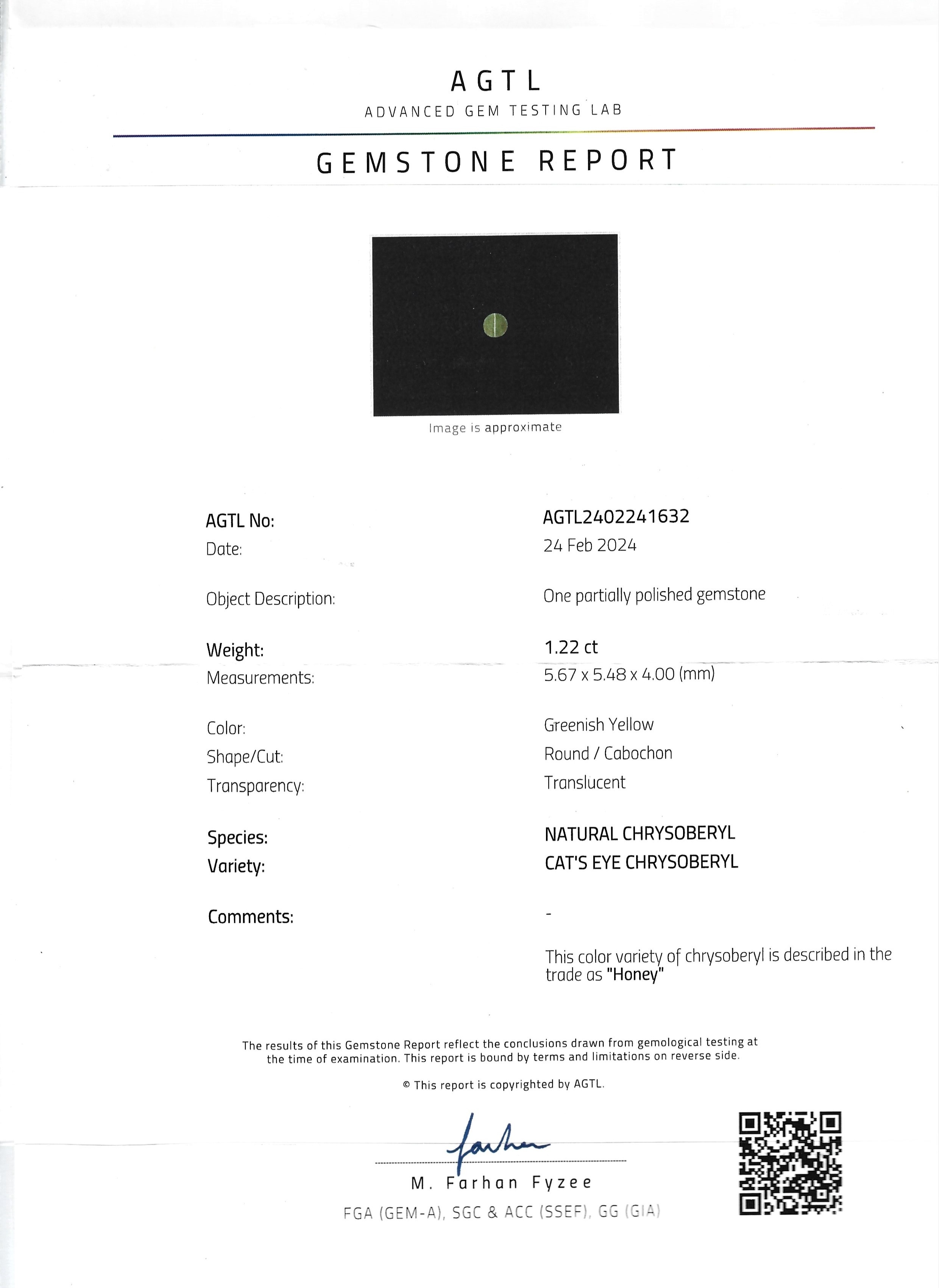 1.22 Ct. Cabochon Chrysoberyl from Ceylon (Sri Lanka)