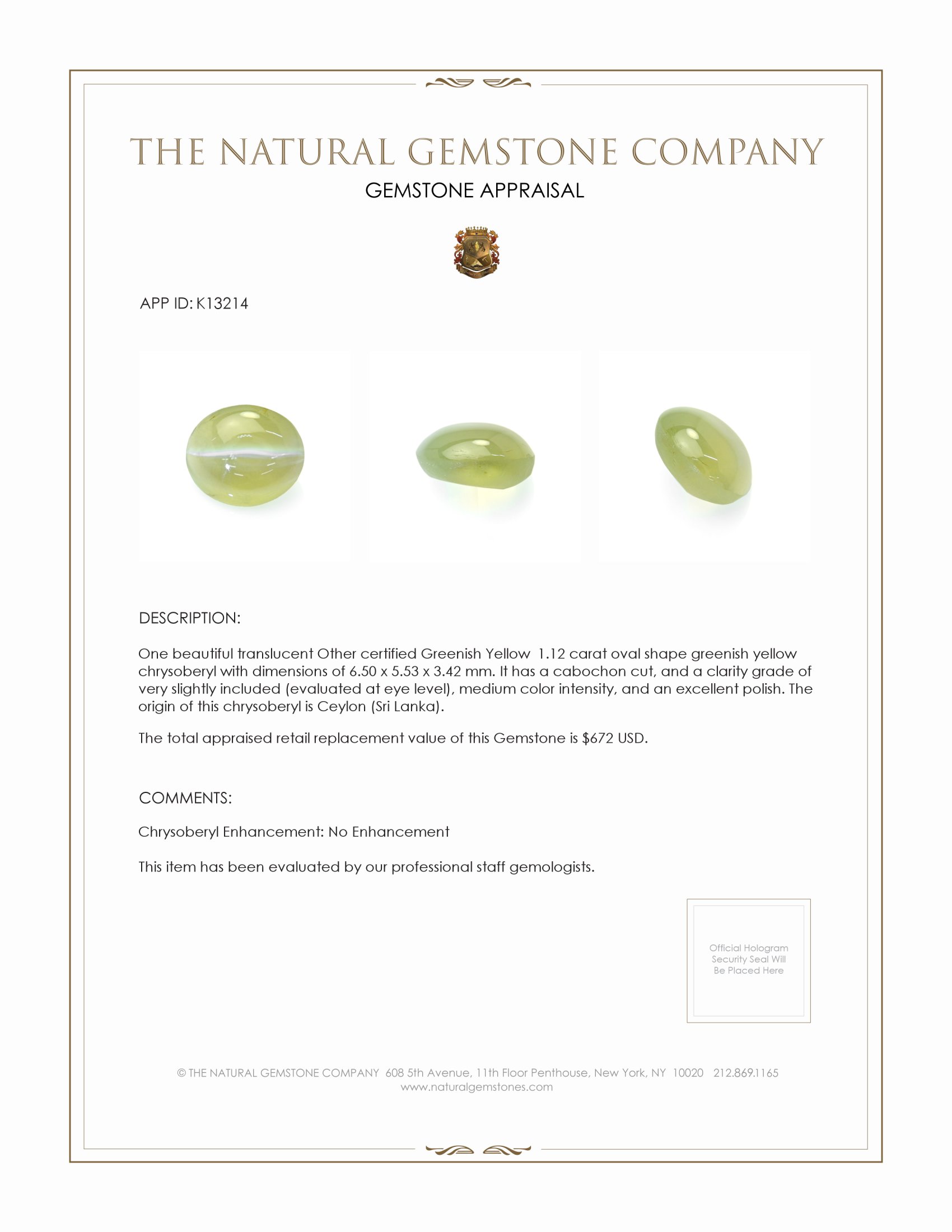 1.12 Ct. Cabochon Chrysoberyl from Ceylon (Sri Lanka)