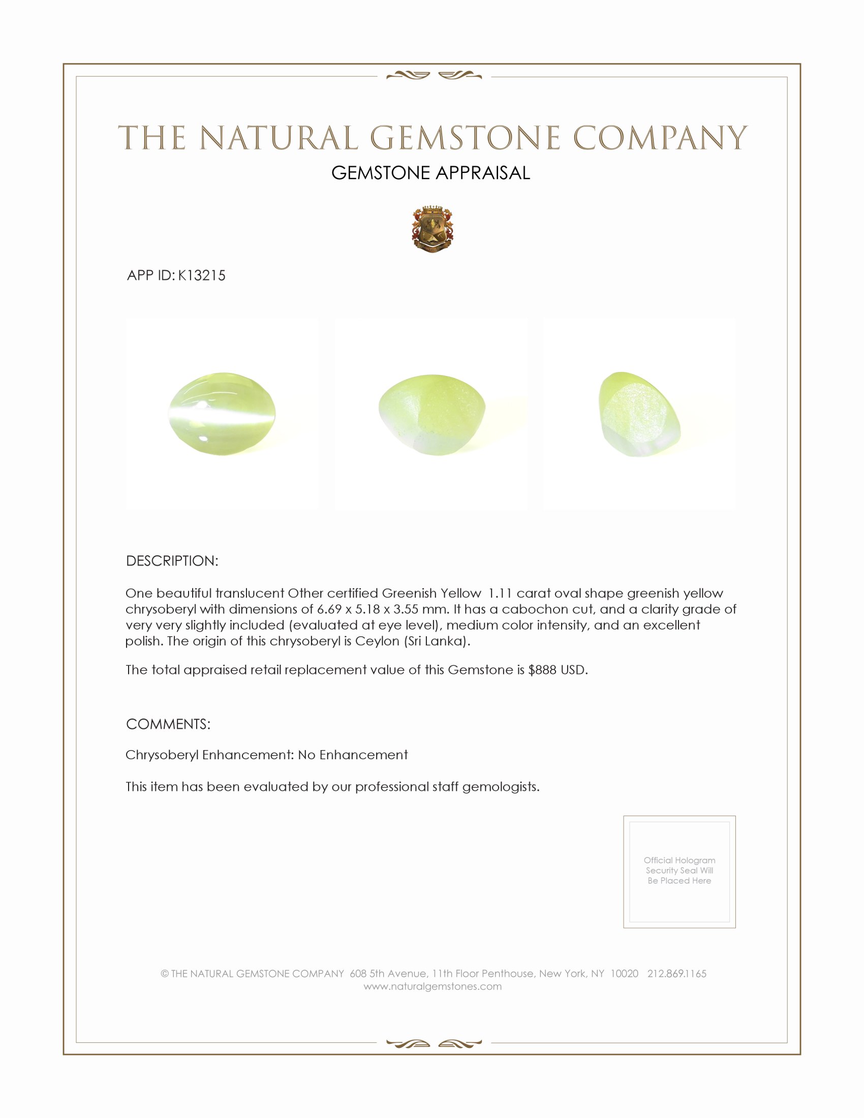 1.11 Ct. Cabochon Chrysoberyl from Ceylon (Sri Lanka)