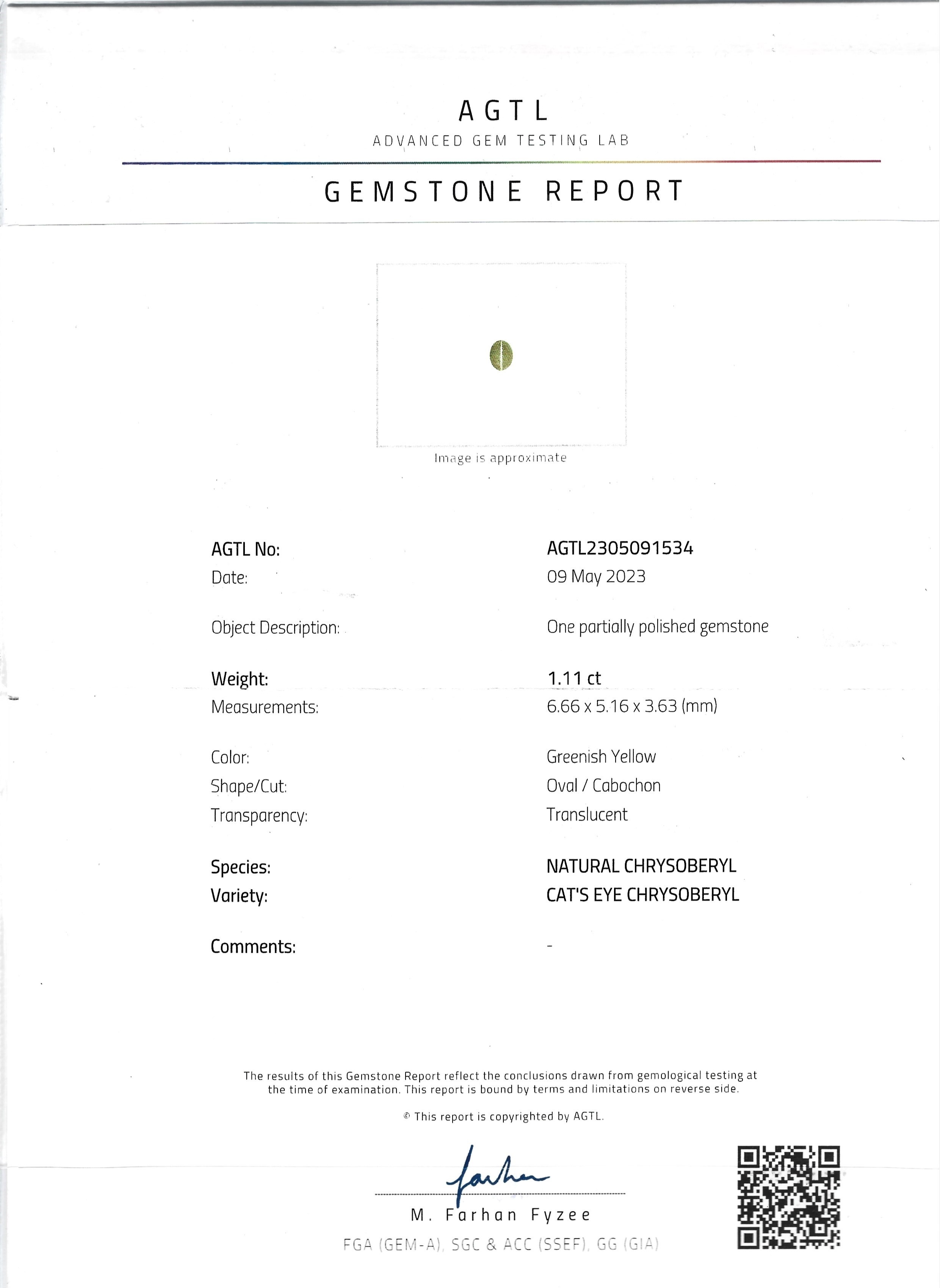 1.11 Ct. Cabochon Chrysoberyl from Ceylon (Sri Lanka)