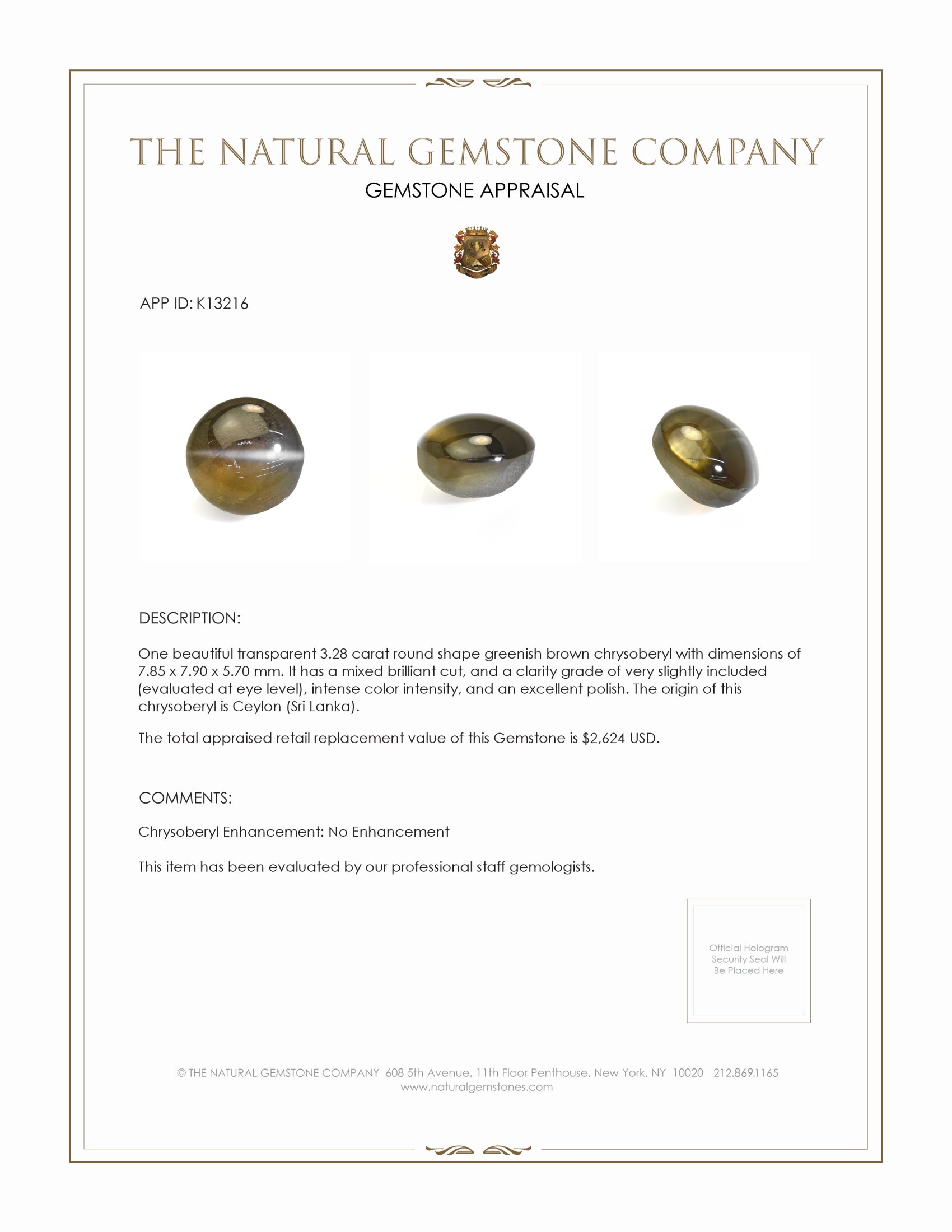 3.28 Ct. Chrysoberyl from Ceylon (Sri Lanka)