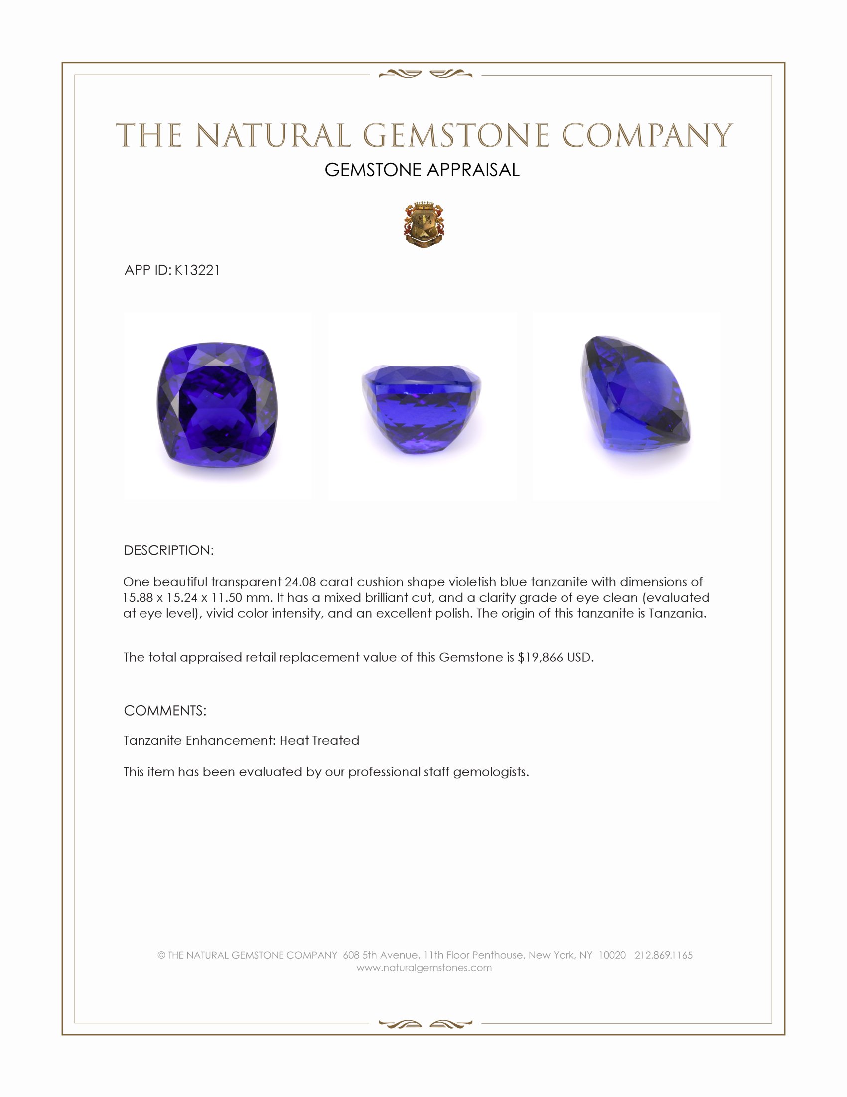 24.08 Ct. Violetish Blue Tanzanite from Tanzania