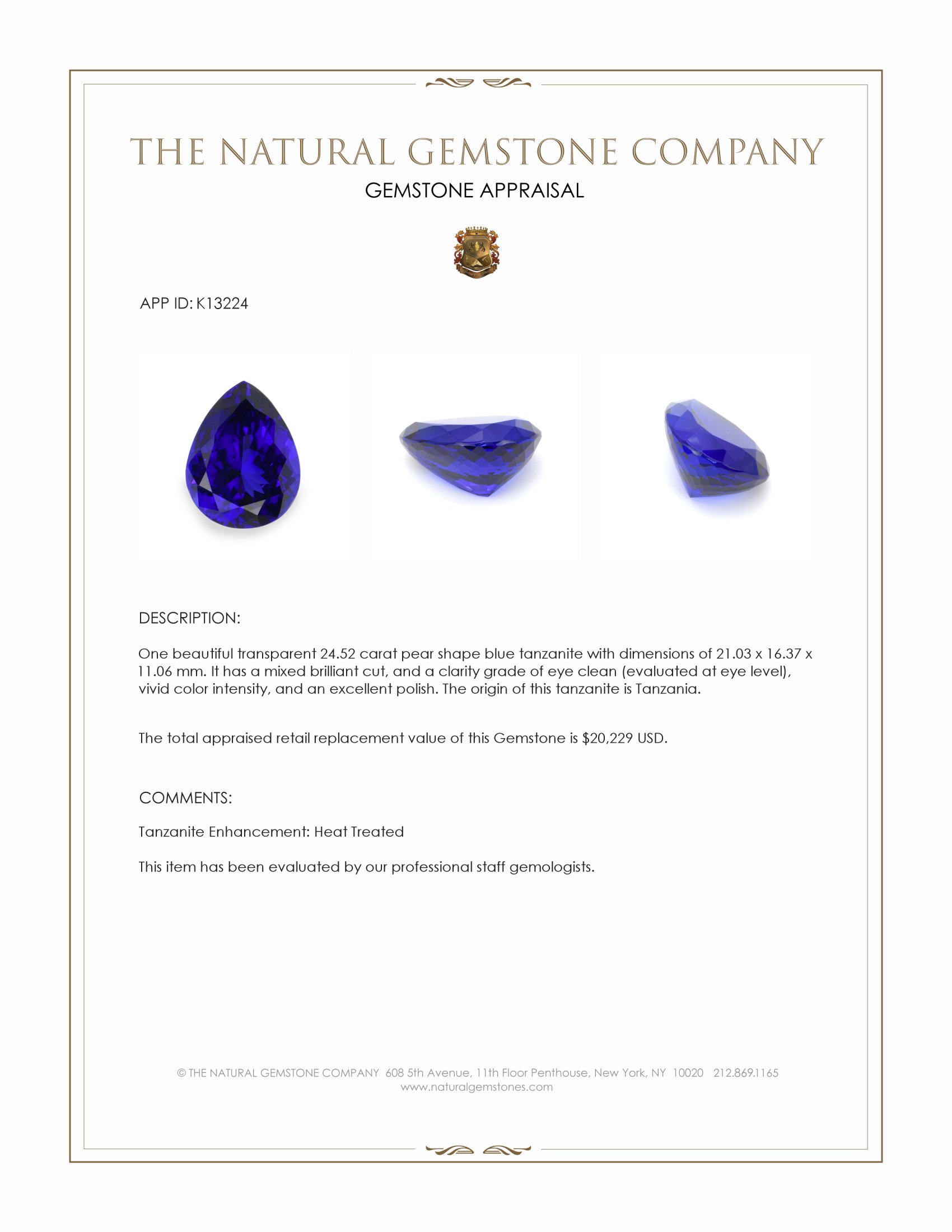 24.52 Ct. Blue Tanzanite from Tanzania