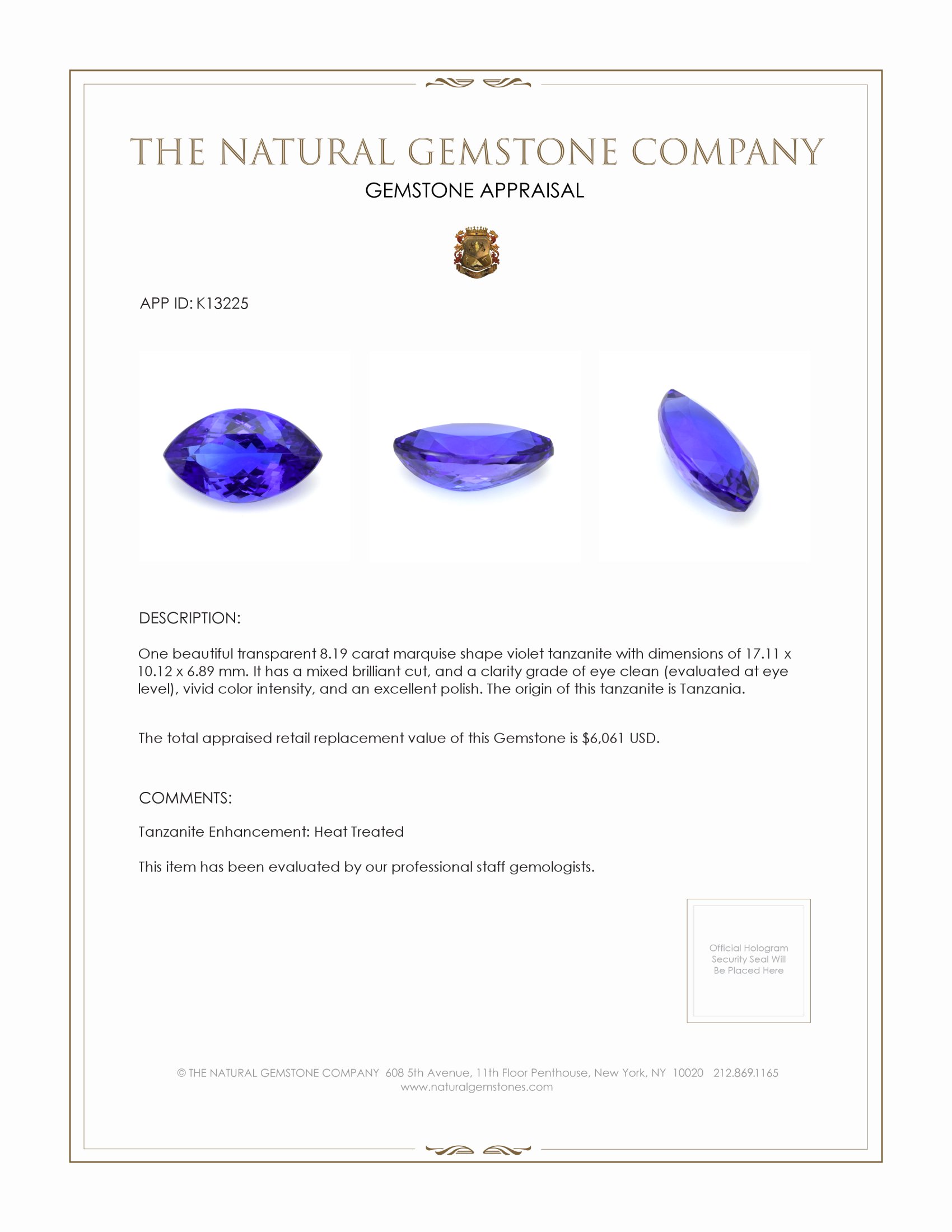 8.19 Ct. Tanzanite from Tanzania