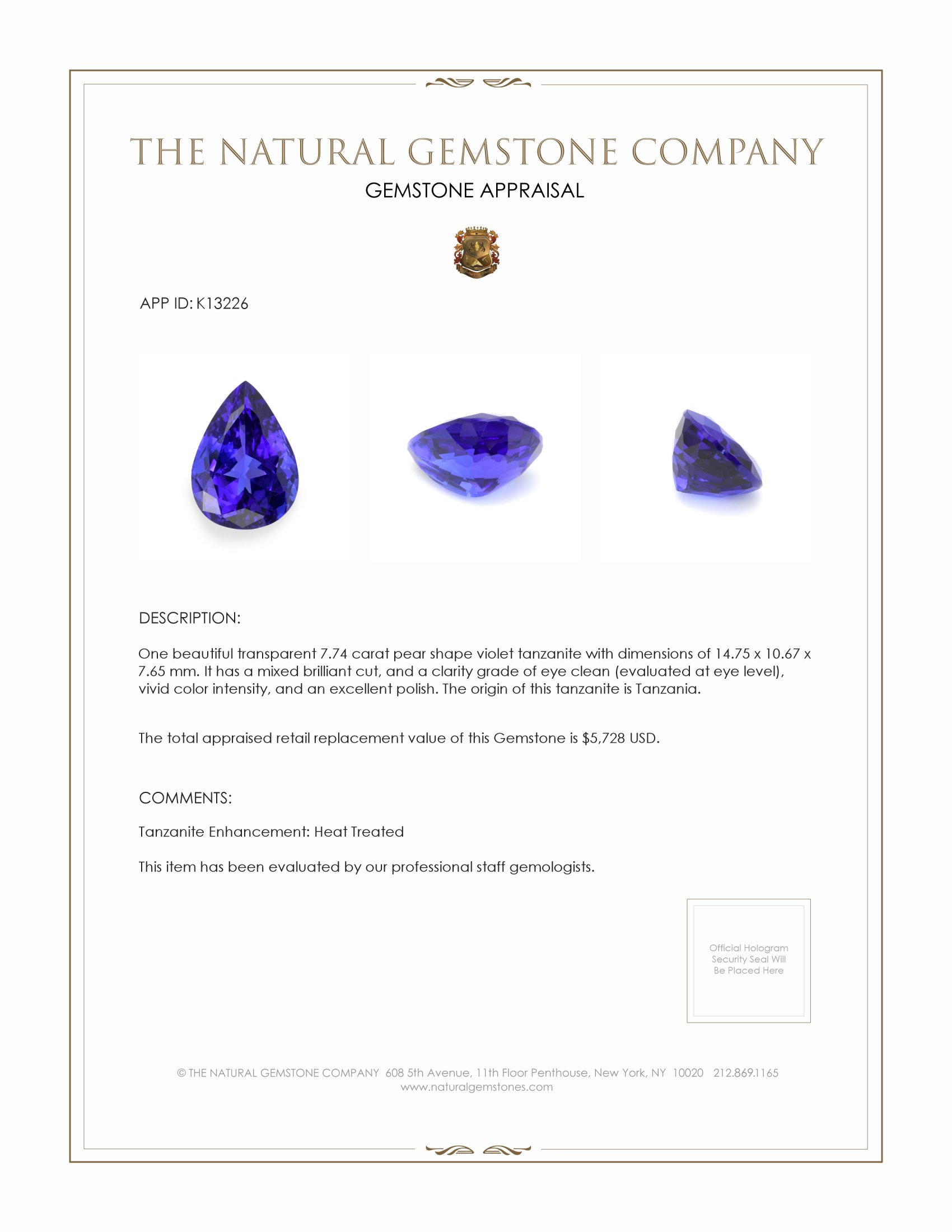 7.74 Ct. Tanzanite from Tanzania