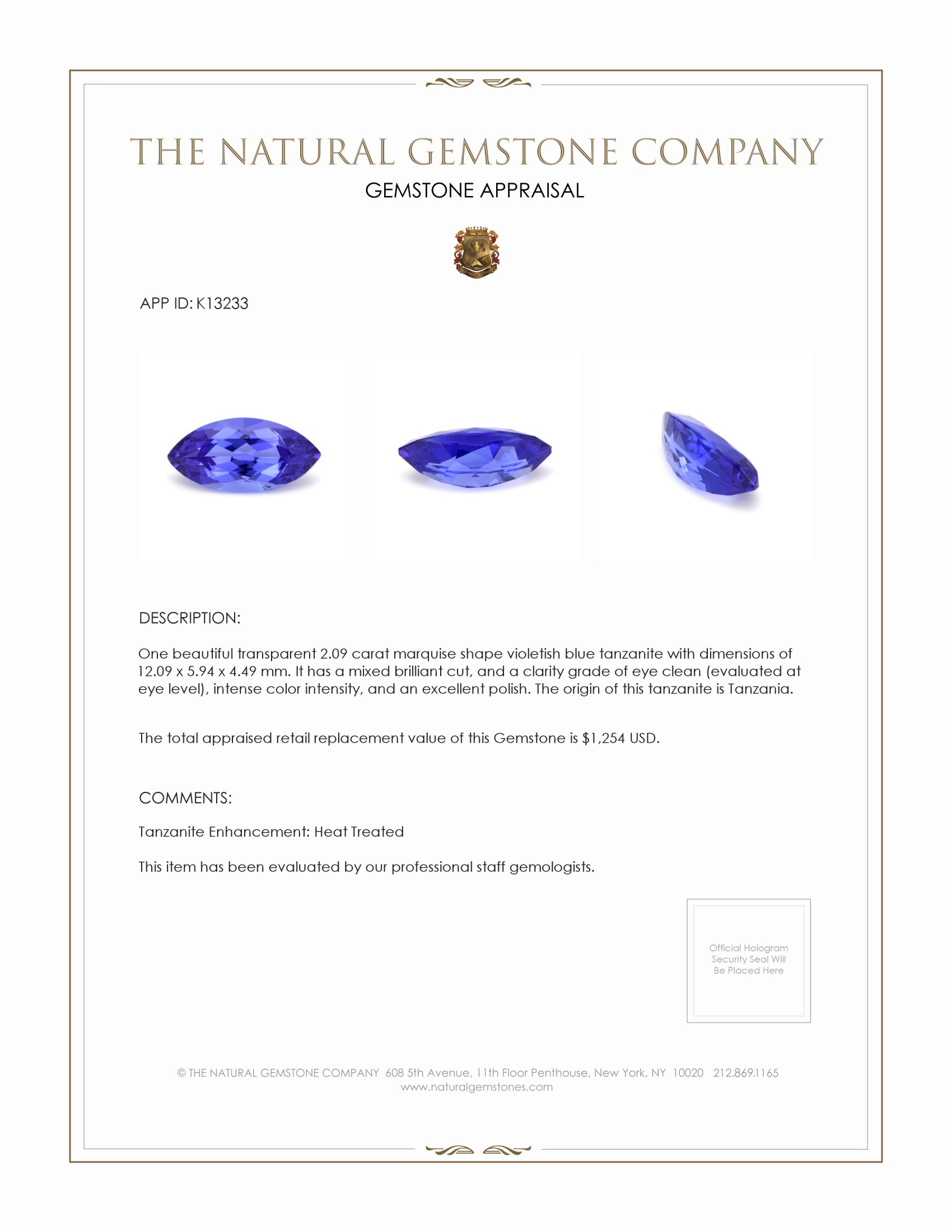 2.09 Ct. Tanzanite from Tanzania