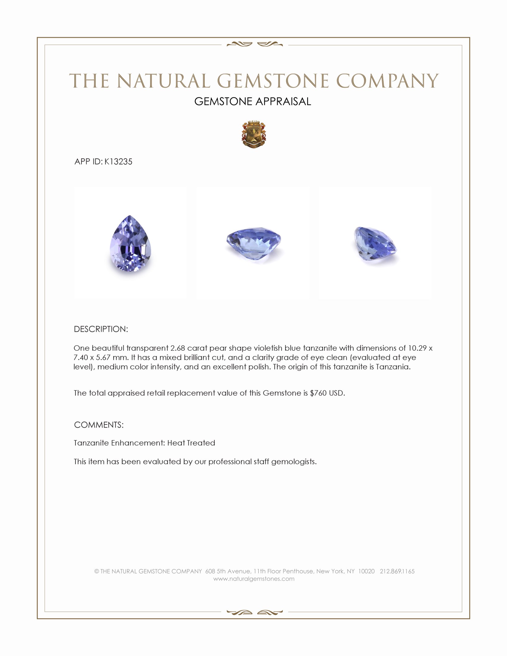 2.68 Ct. Violetish Blue Tanzanite from Tanzania