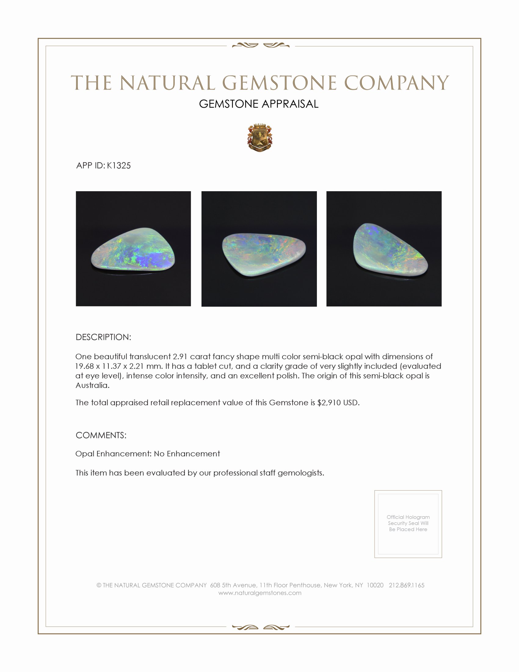 2.91 Ct. Semi-Black Opal from Australia