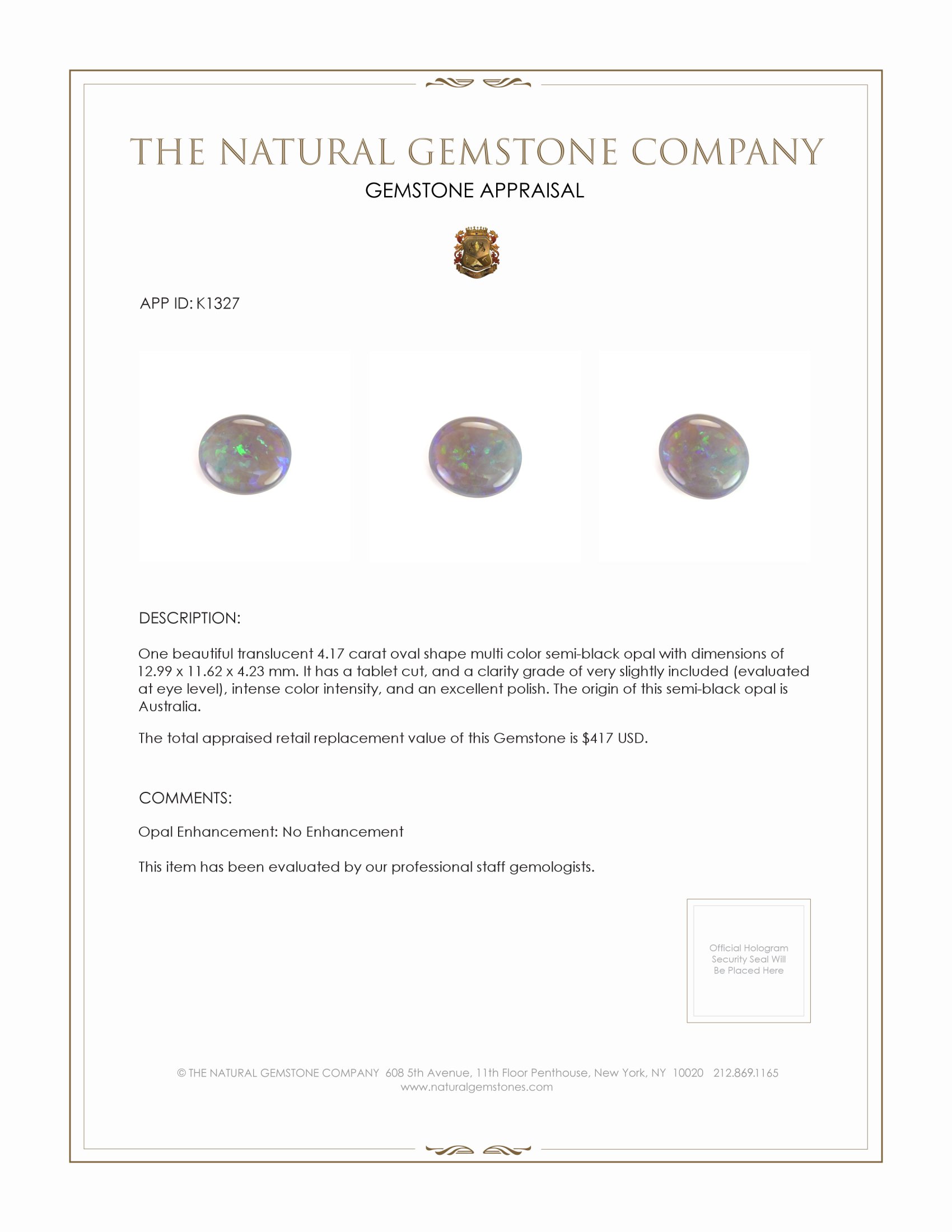 4.17 Ct. Multi Color Semi-Black Opal from Australia