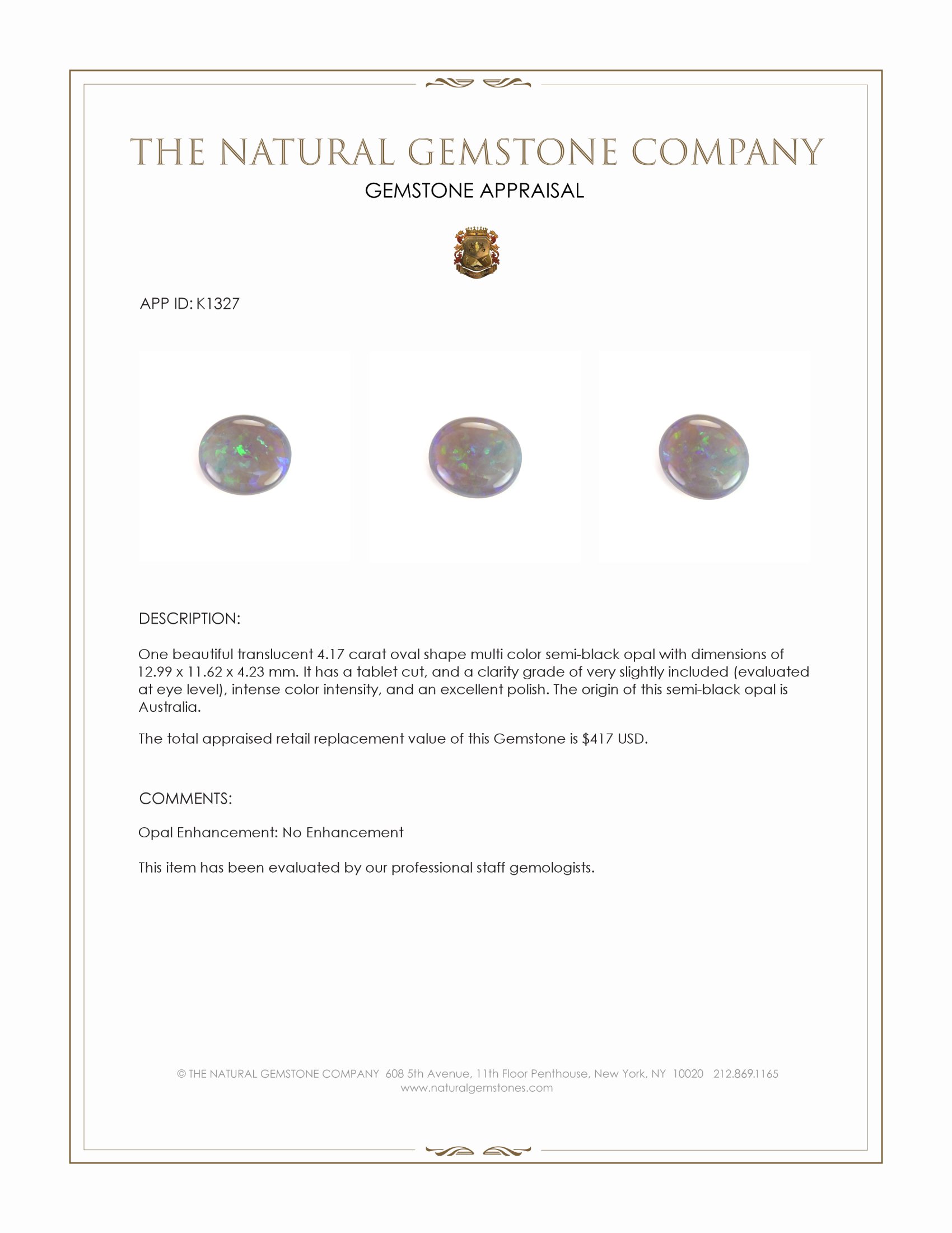 4.17 Ct. Semi-Black Opal from Australia