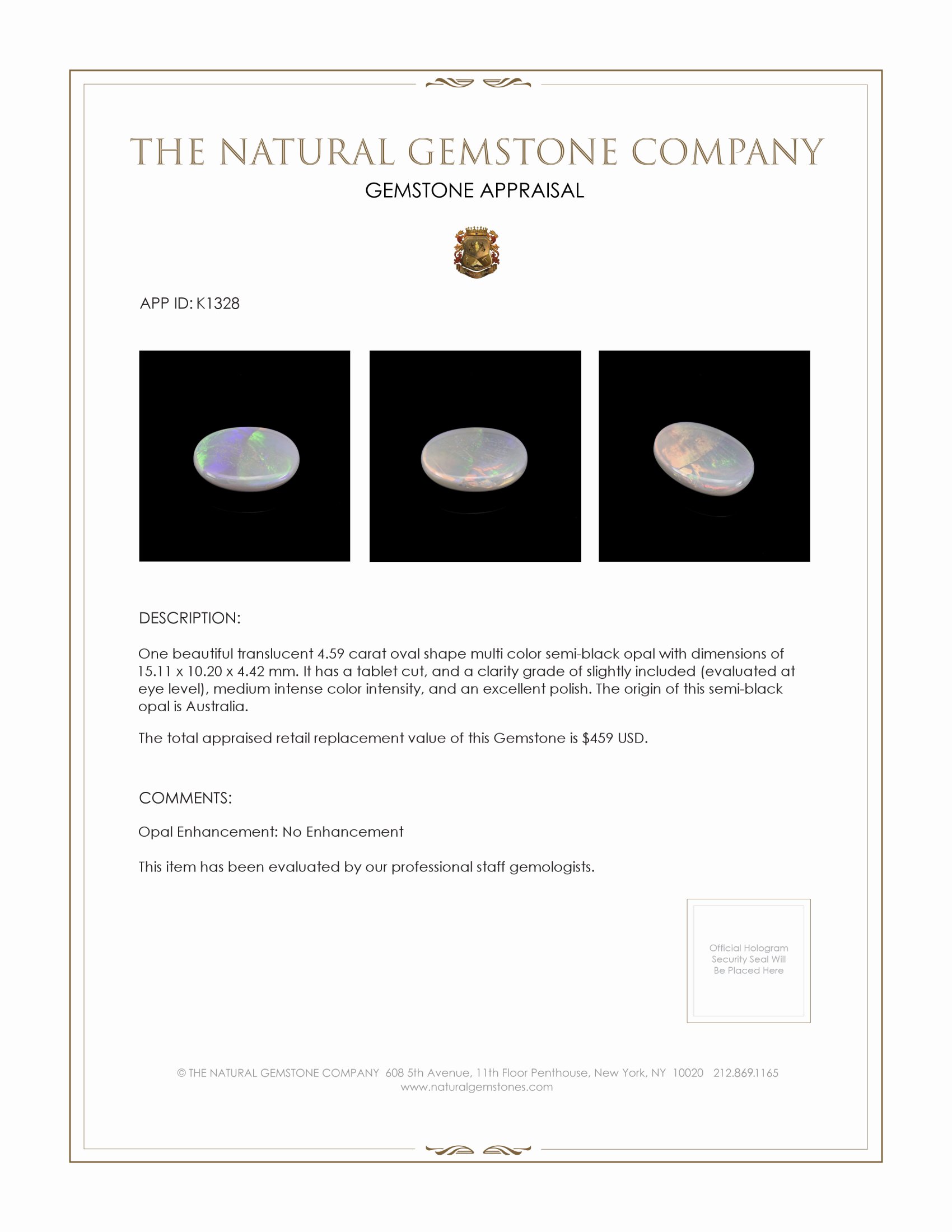 4.59 Ct. Semi-Black Opal from Australia