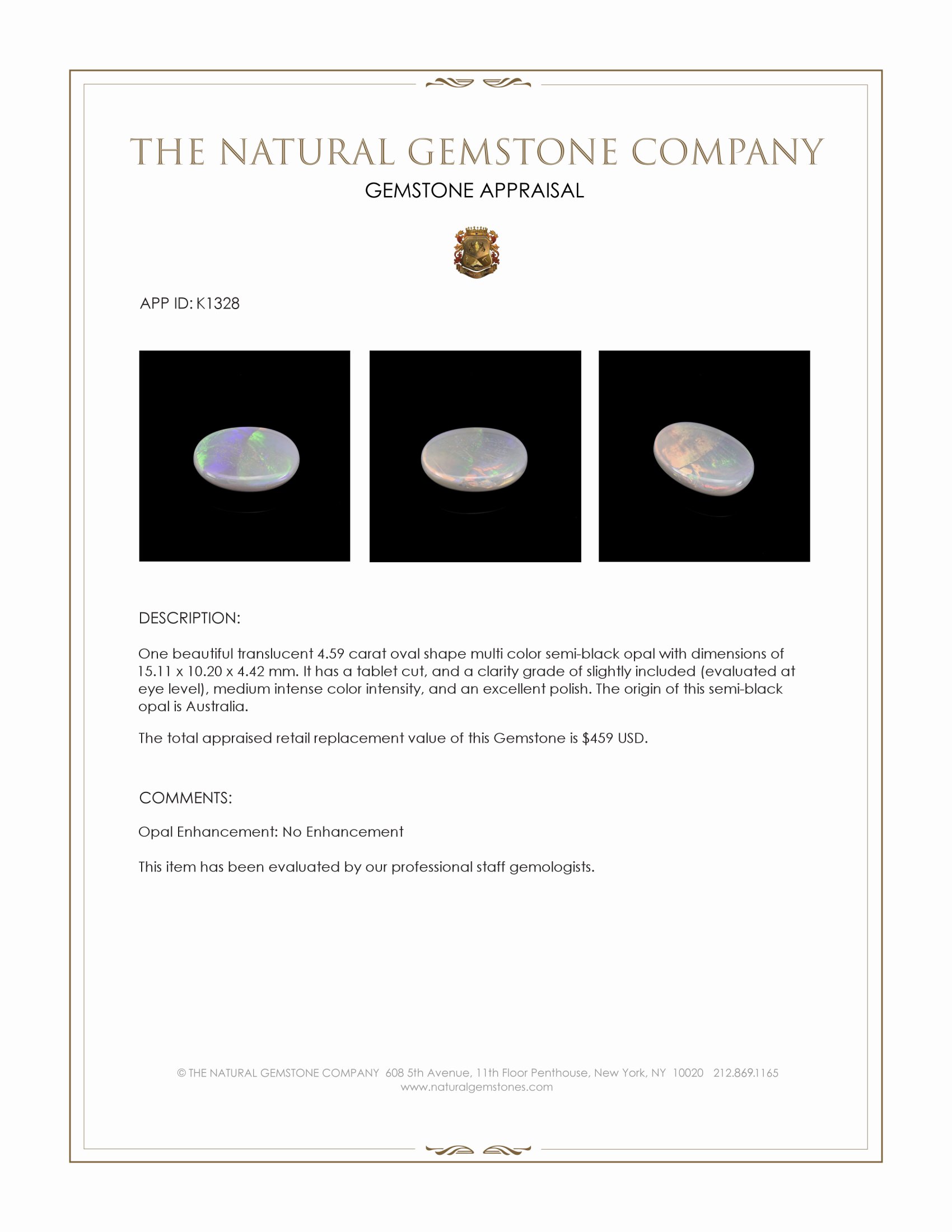 4.59 Ct. Semi-Black Opal from Australia