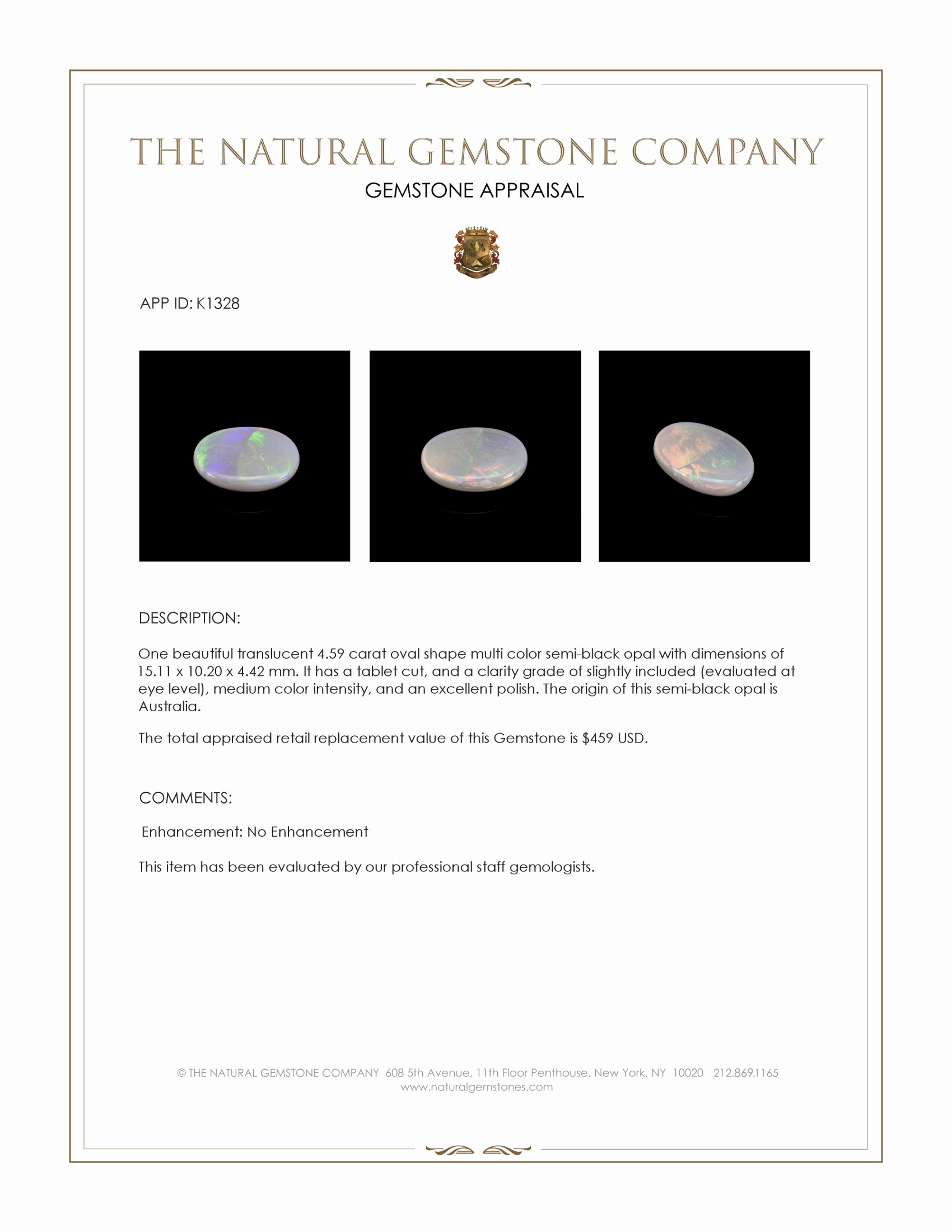 4.59 Ct. Multi Color Semi-Black Opal from Australia