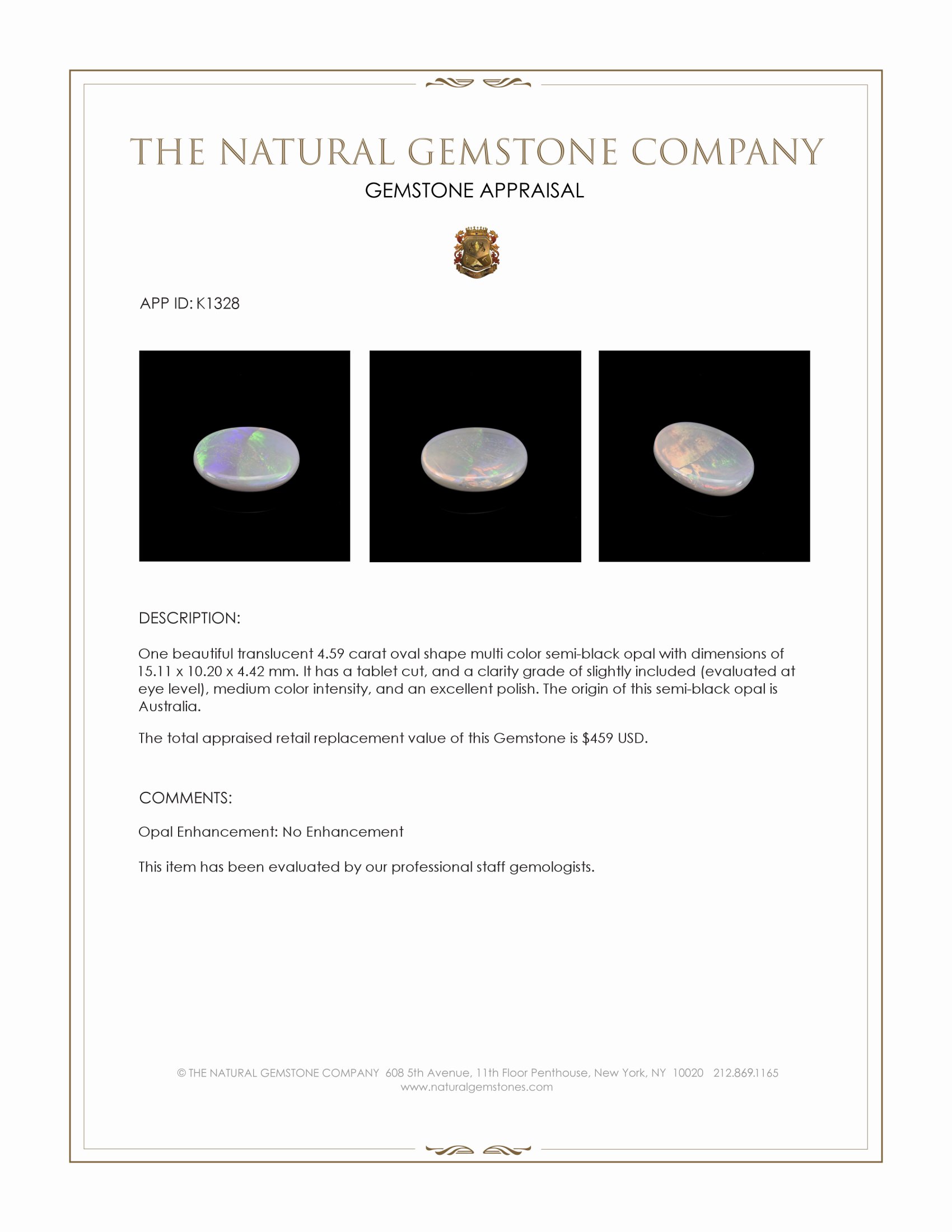 4.59 Ct. Multi Color Semi-Black Opal from Australia