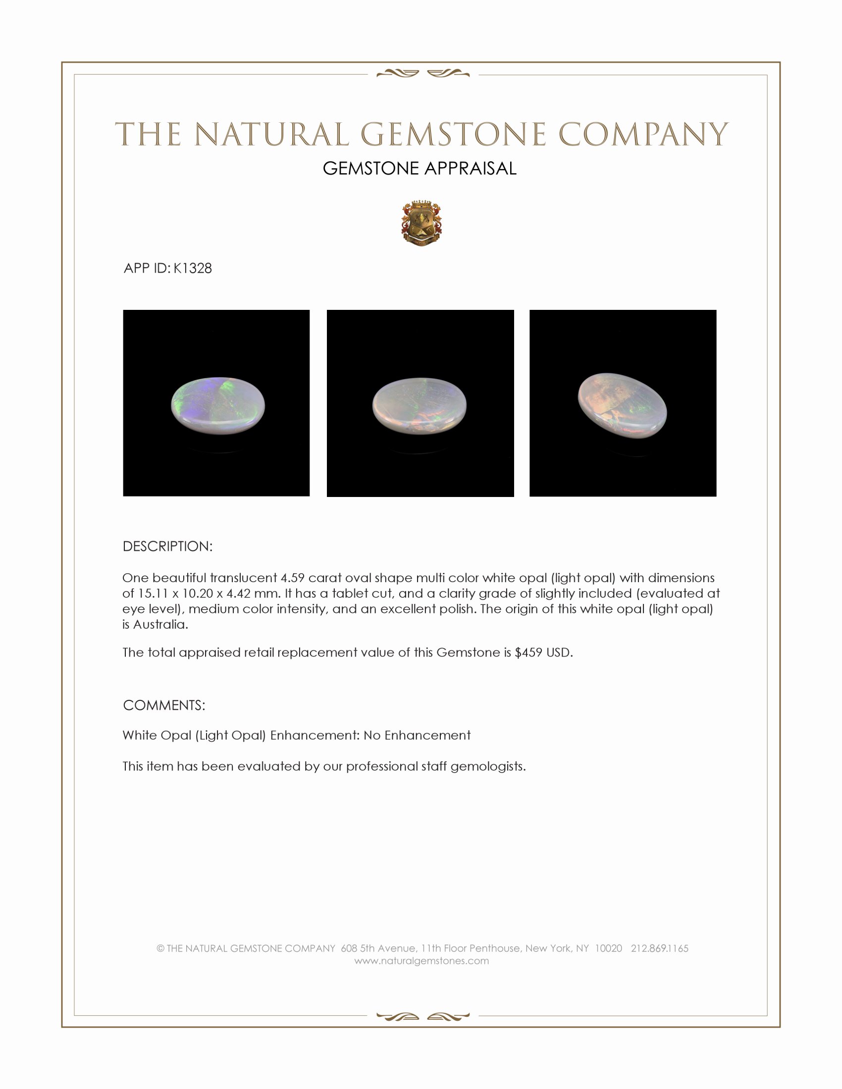 4.59 Ct. Multi Color White Opal (Light Opal) from Australia