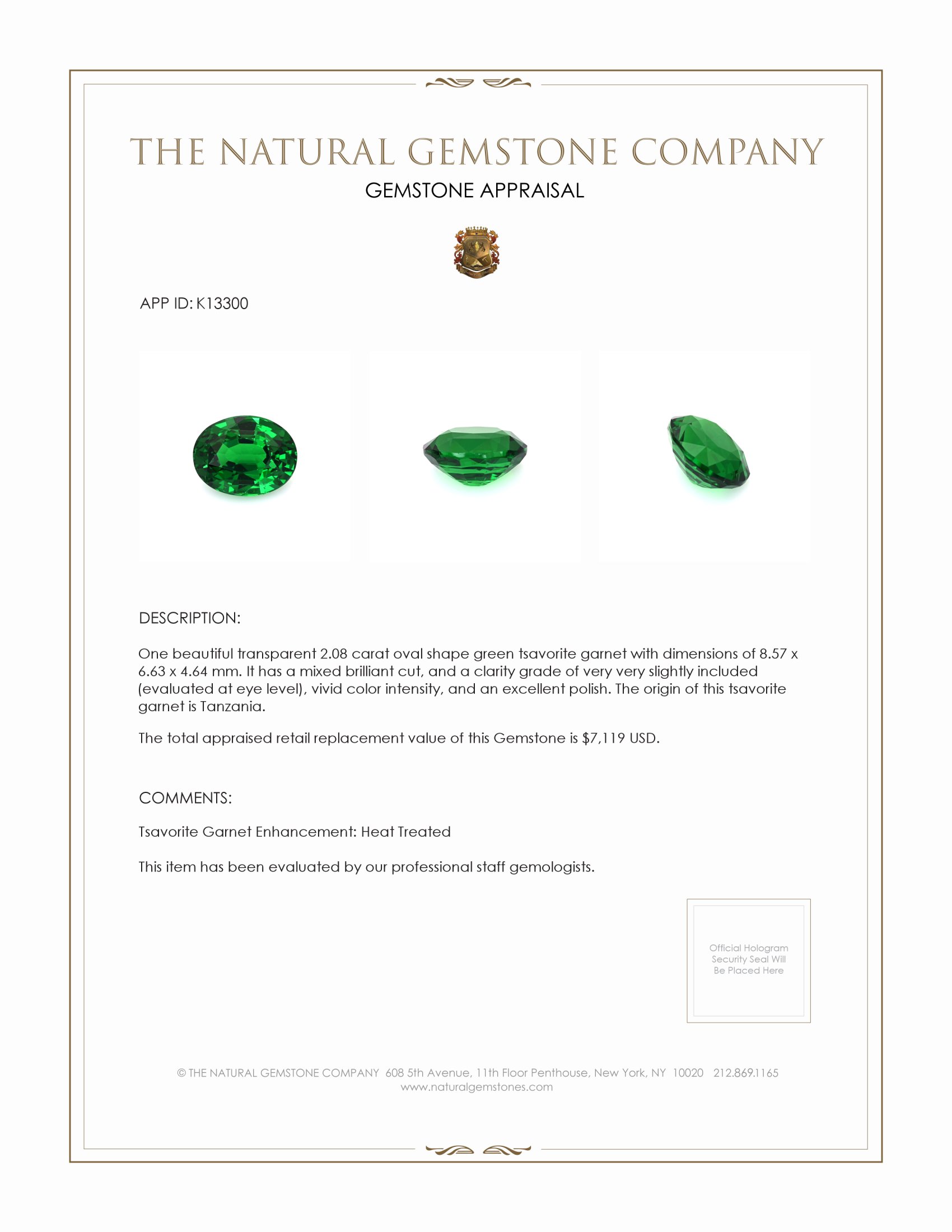 2.08 Ct. Tsavorite Garnet from Tanzania