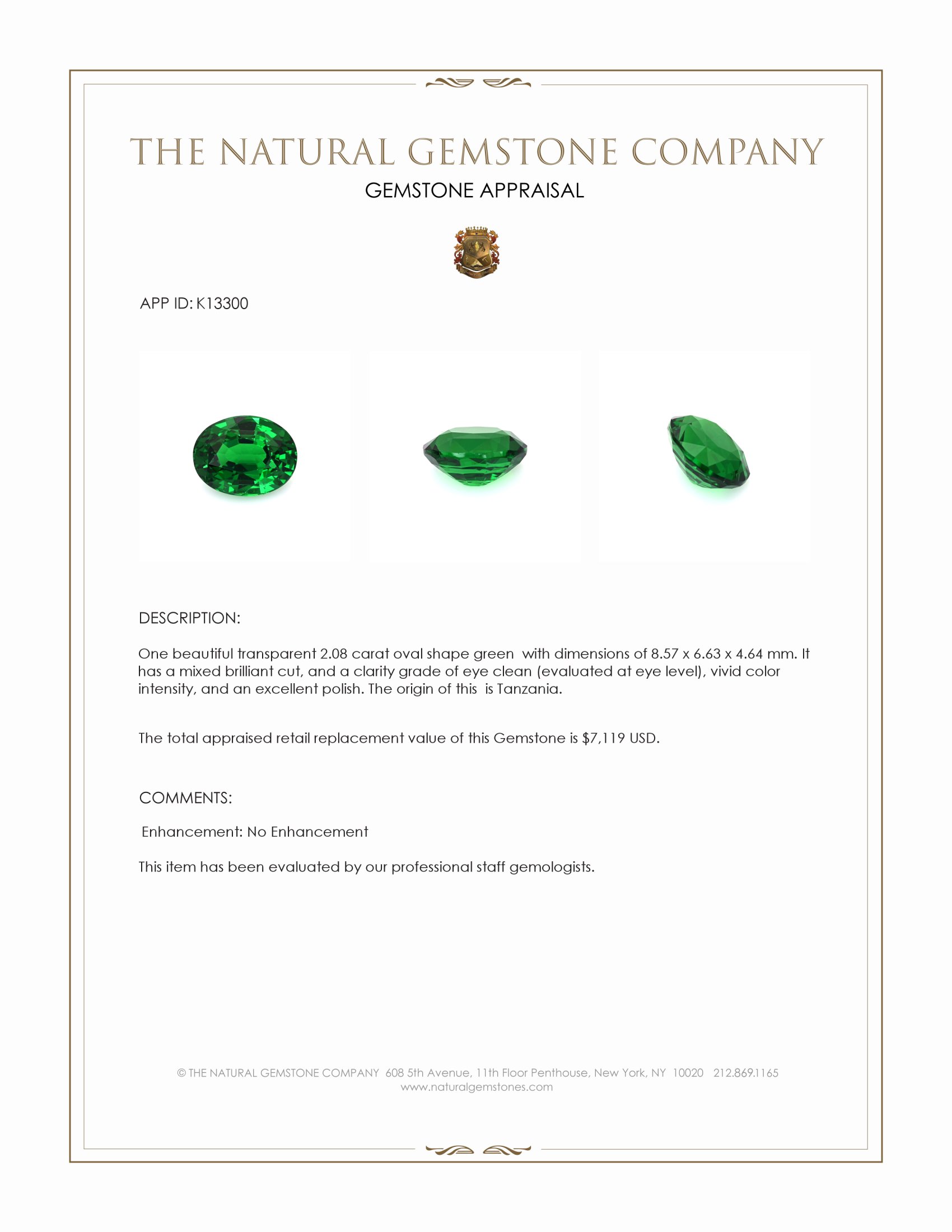 2.08 Ct. Tsavorite Garnet from Tanzania
