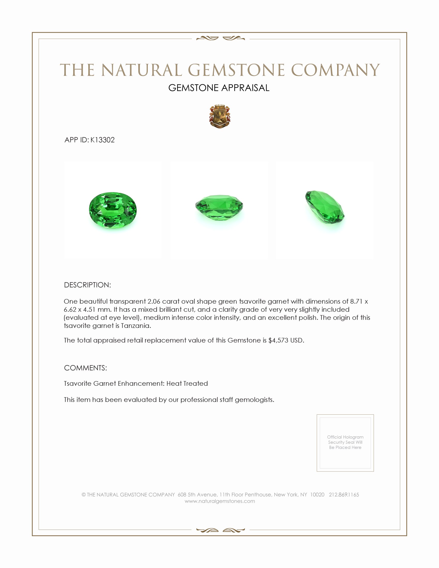 2.06 Ct. Tsavorite Garnet from Tanzania