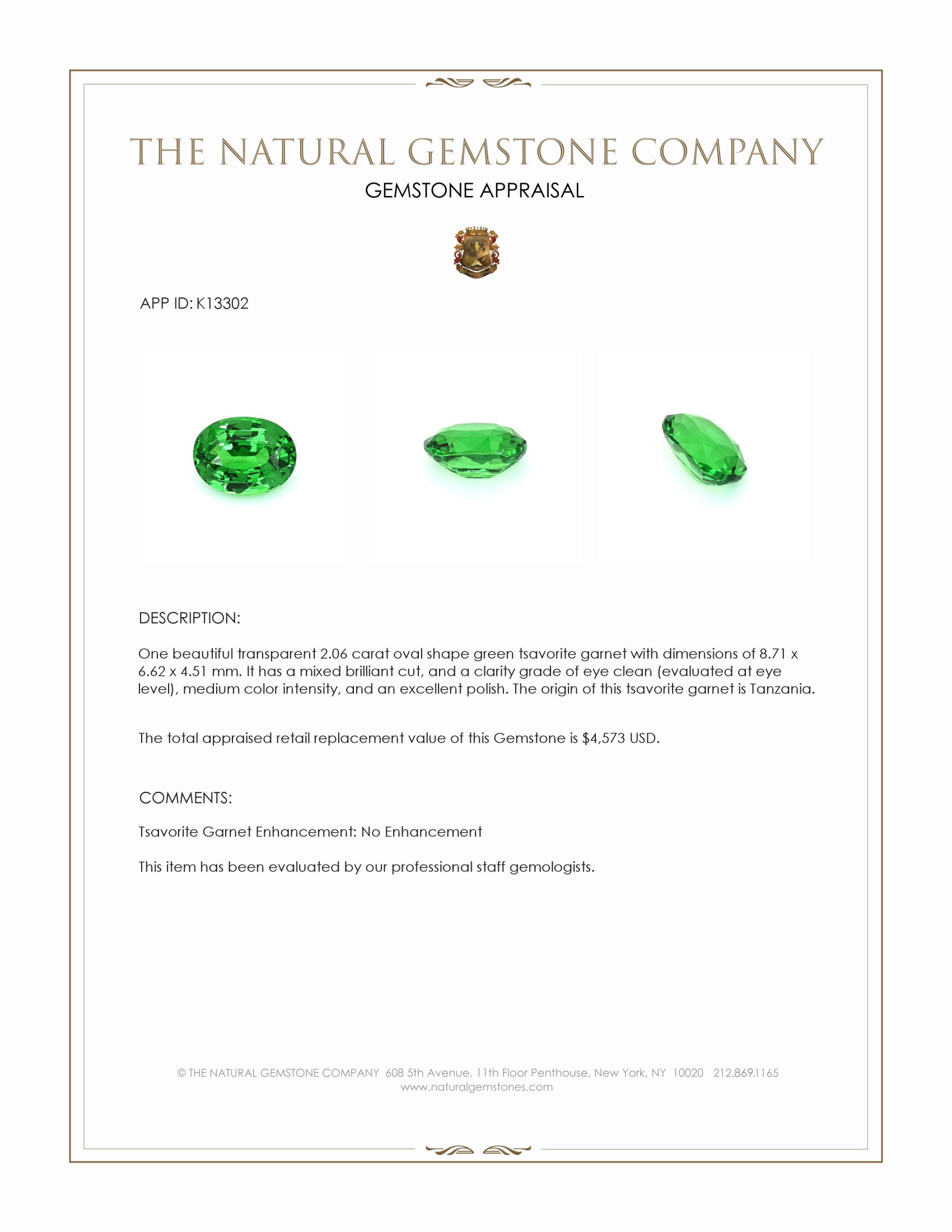 2.06 Ct. Tsavorite Garnet from Tanzania