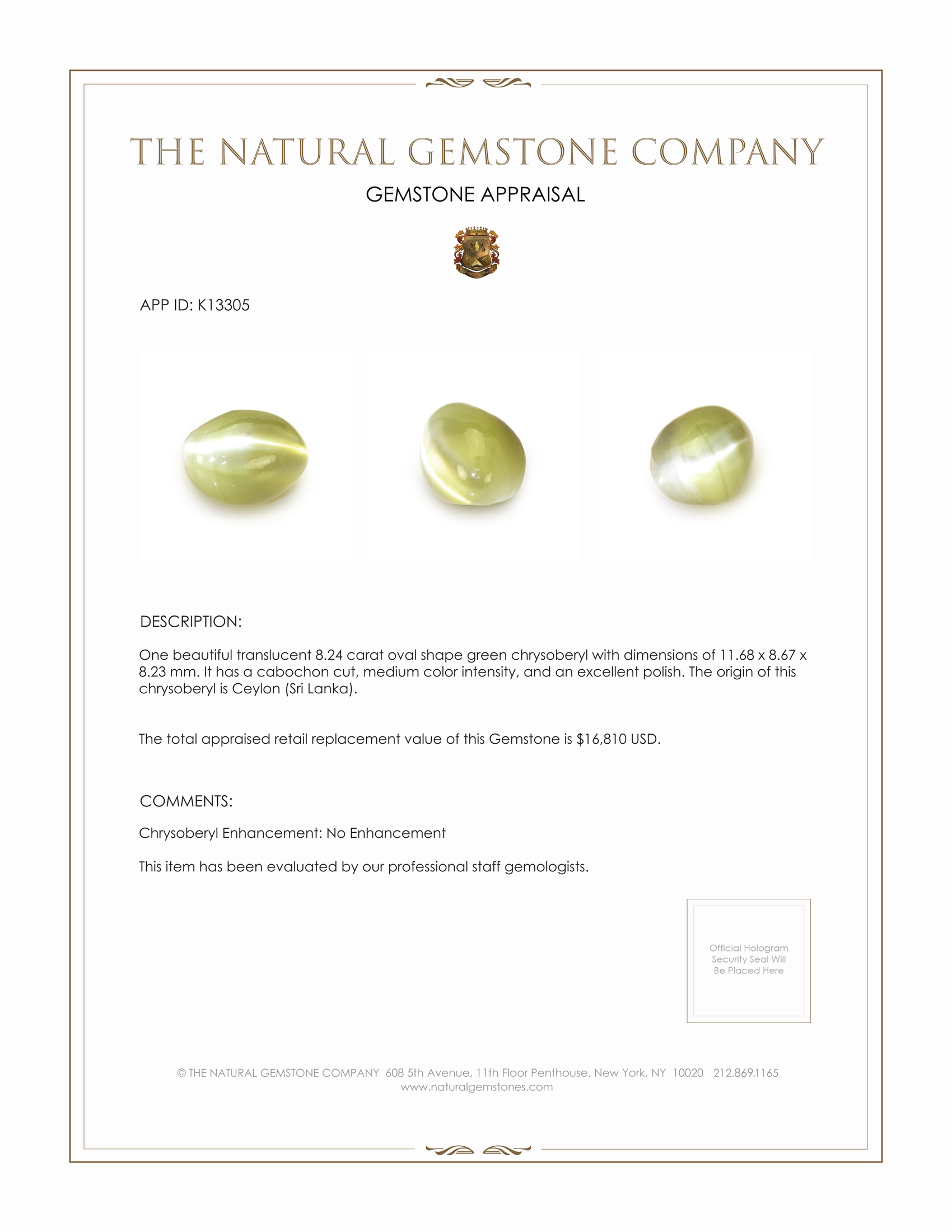 8.24 Ct. Cabochon Chrysoberyl from Ceylon (Sri Lanka)