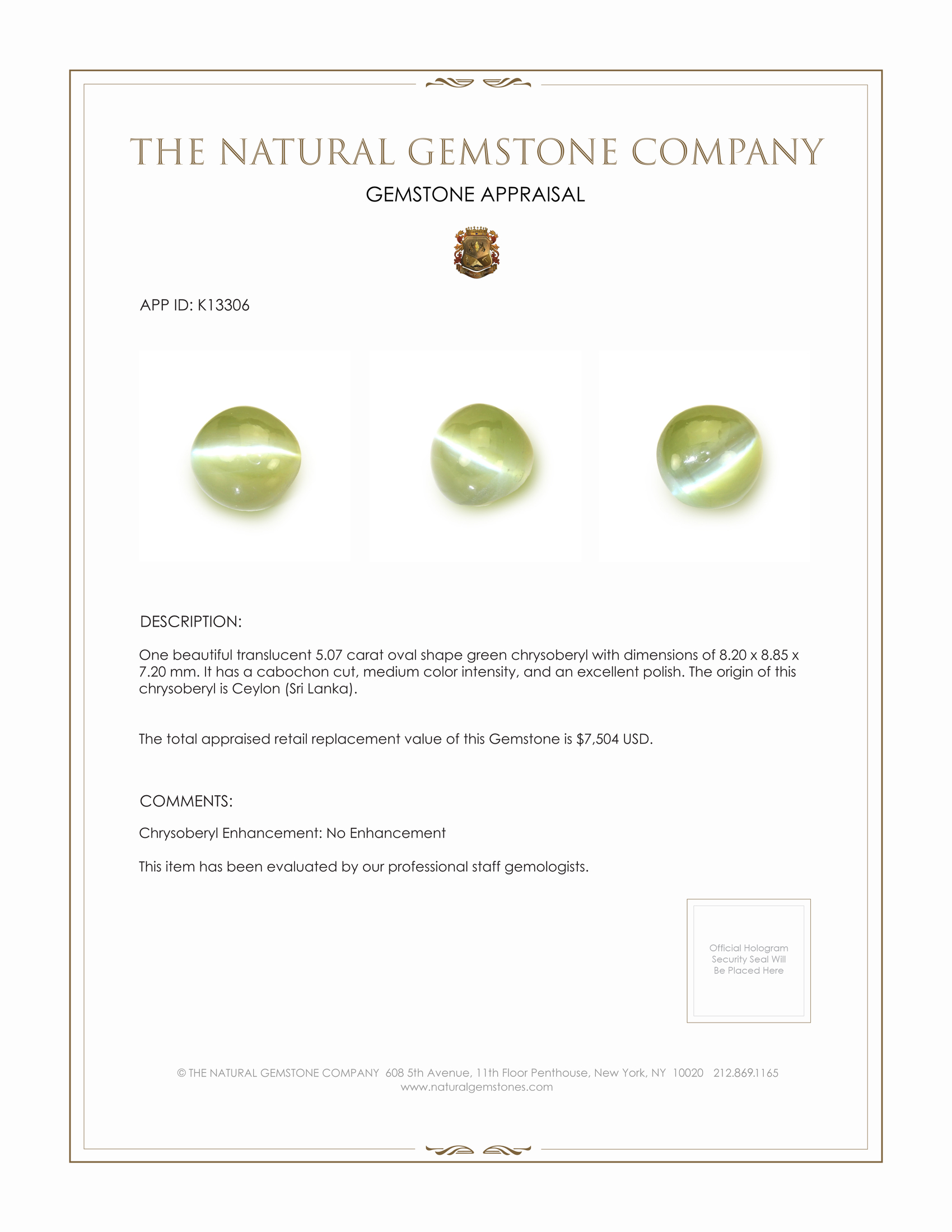 5.07 Ct. Cabochon Chrysoberyl from Ceylon (Sri Lanka)