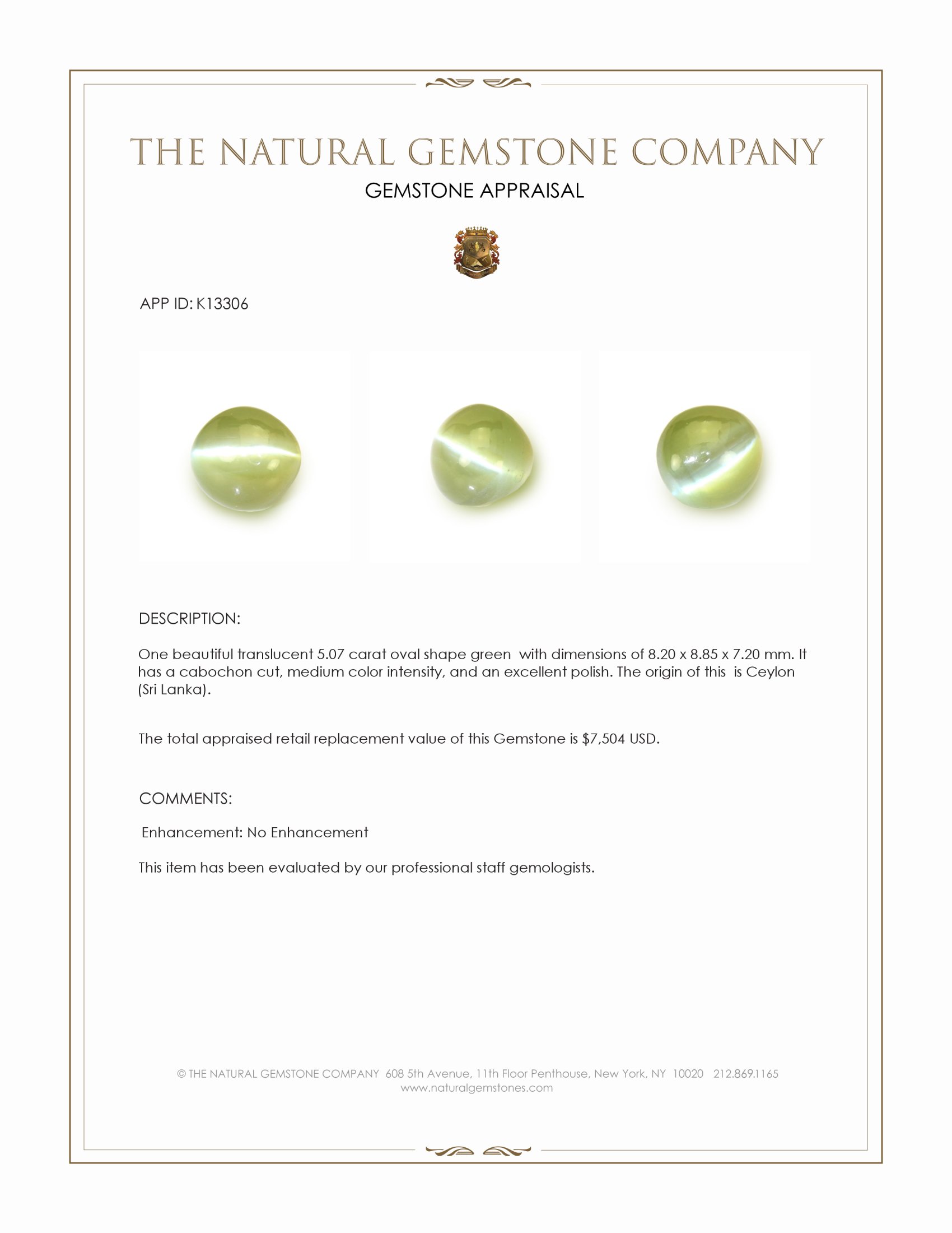 5.07 Ct. Green Cabochon Chrysoberyl from Ceylon (Sri Lanka)