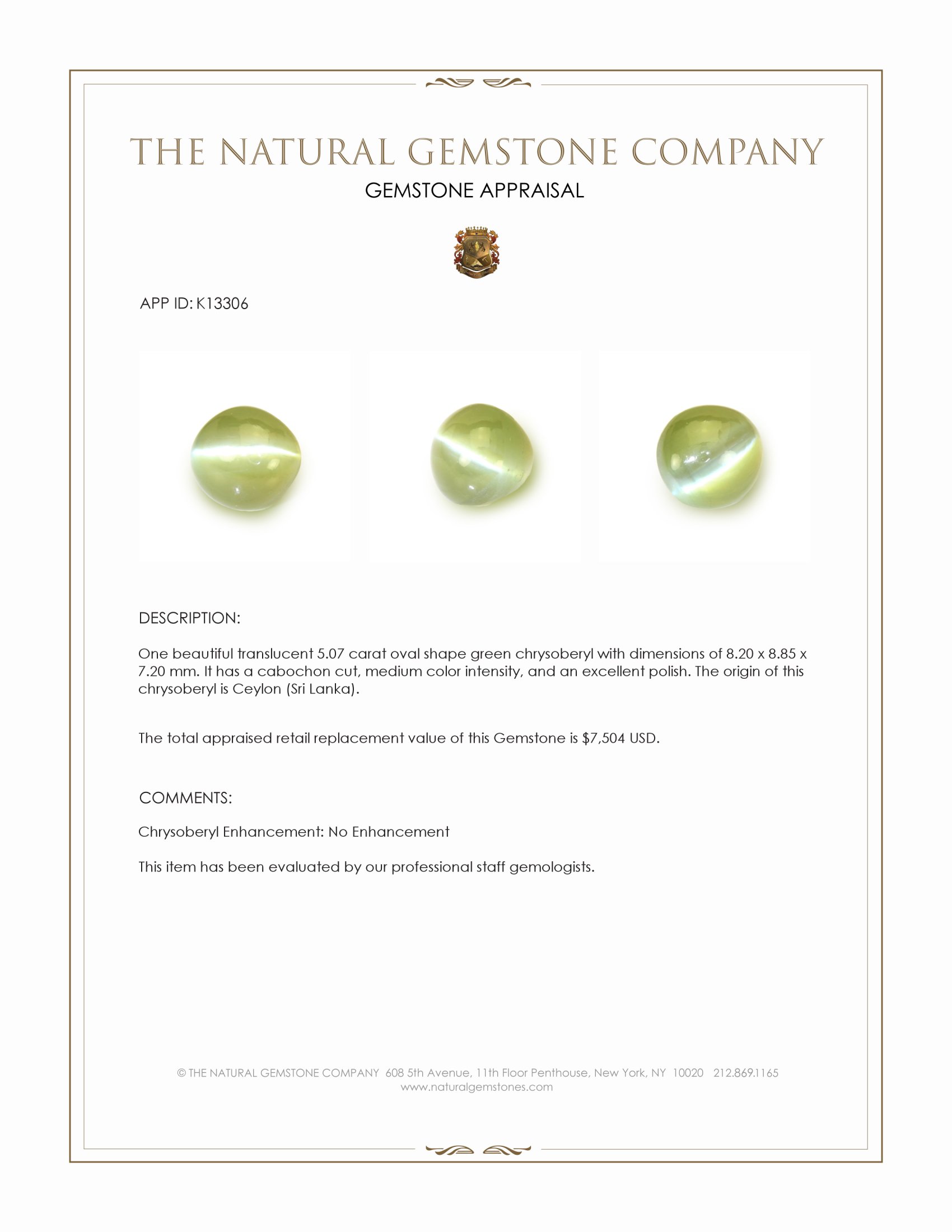 5.07 Ct. Green Cabochon Cat’s Eye Chrysoberyl from Ceylon (Sri Lanka)