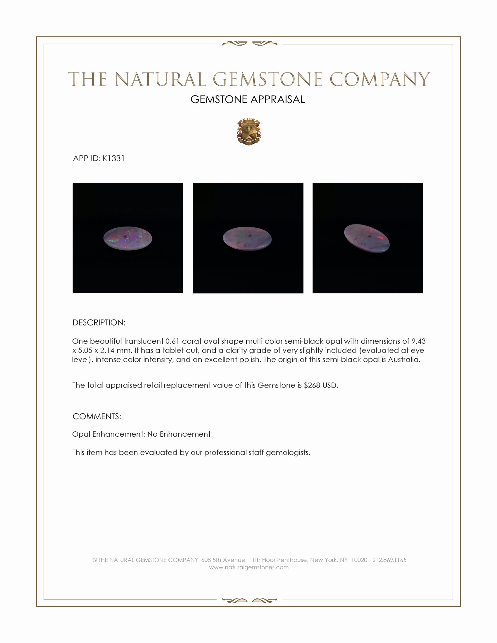 0.61 Ct. Semi-Black Opal from Australia