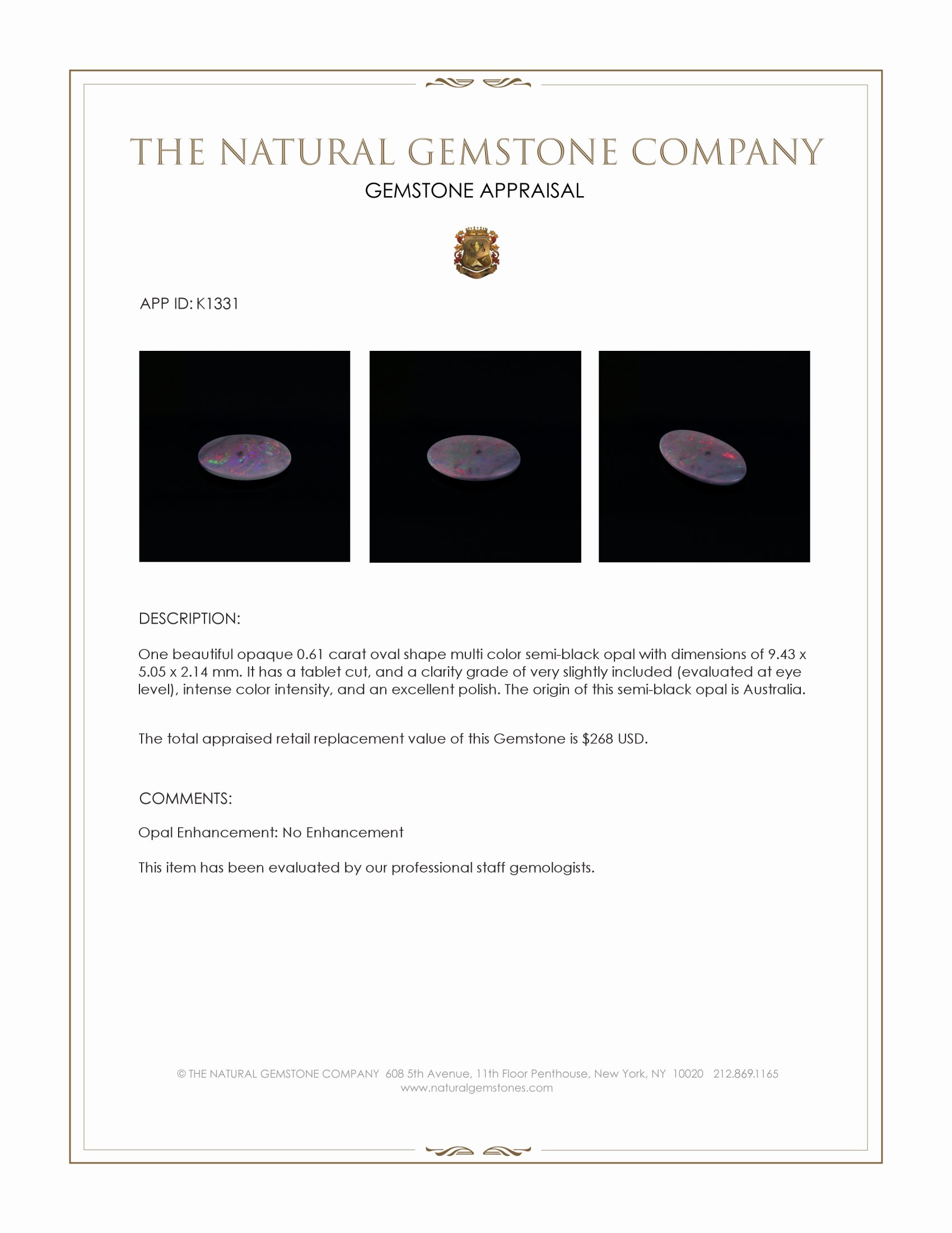 0.61 Ct. Semi-Black Opal from Australia