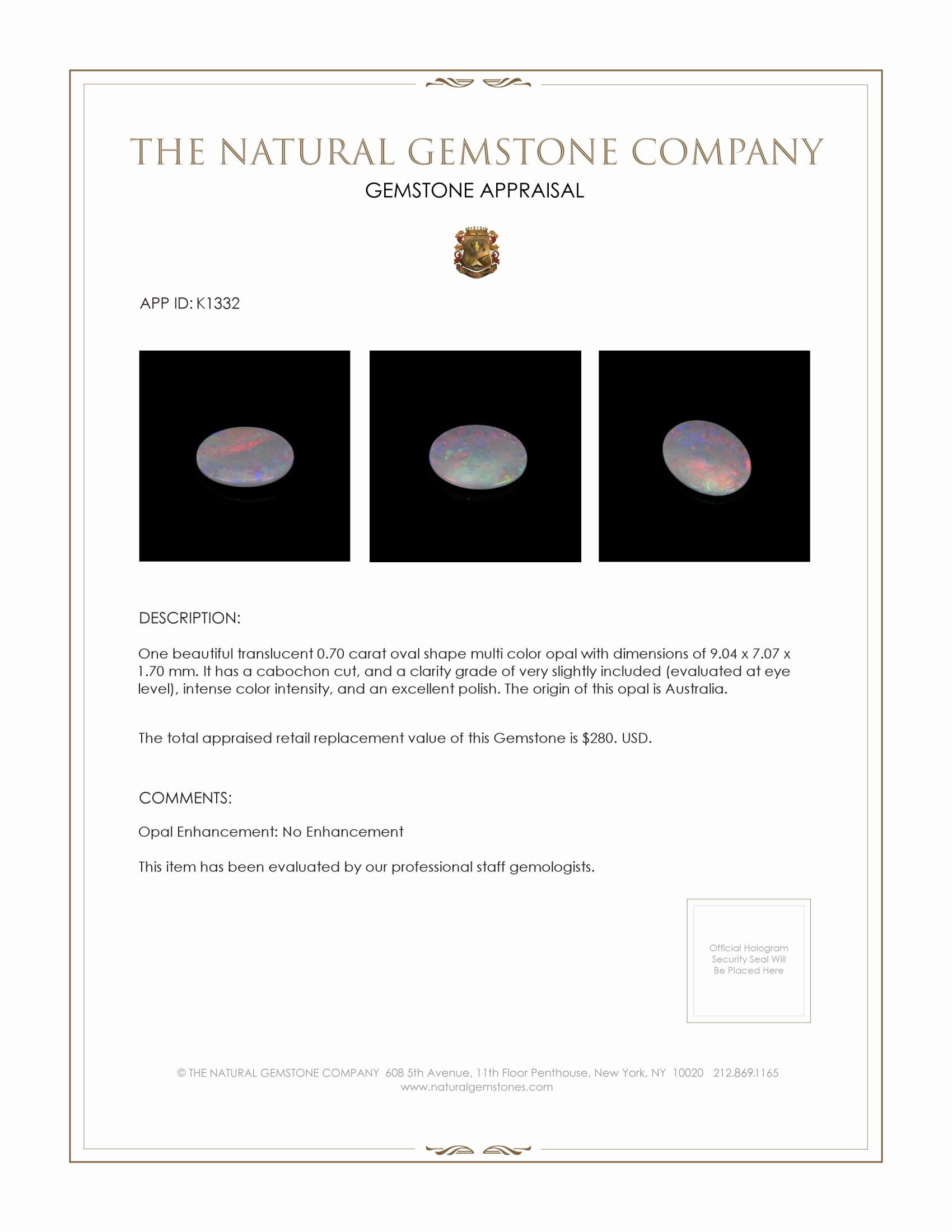 0.70 Ct. Cabochon Semi-Black Opal from Australia