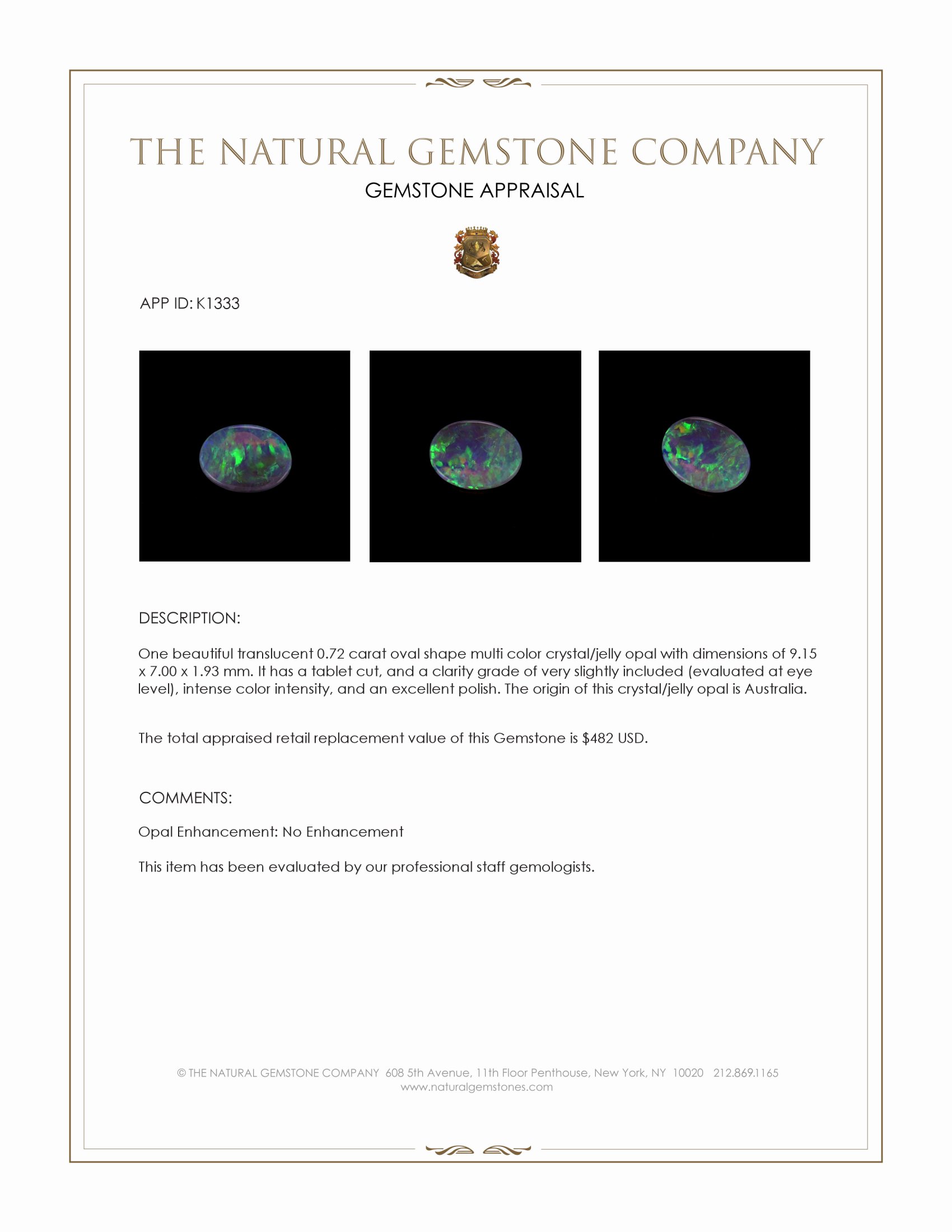 0.72 Ct. Crystal/Jelly Opal from Australia