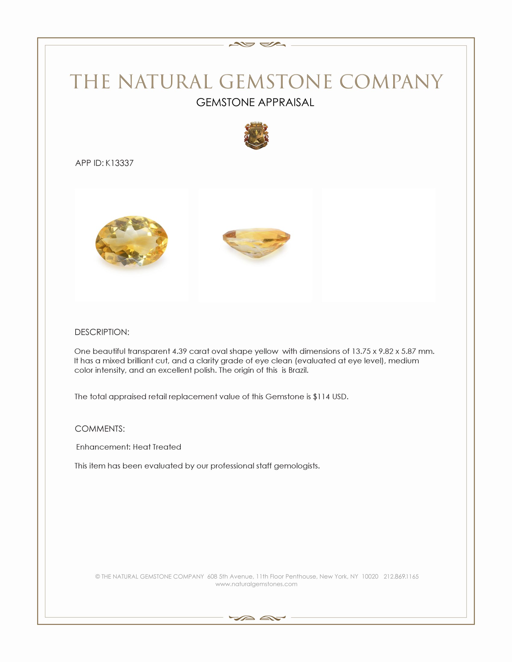 4.39 Ct. Yellow Citrine from Brazil