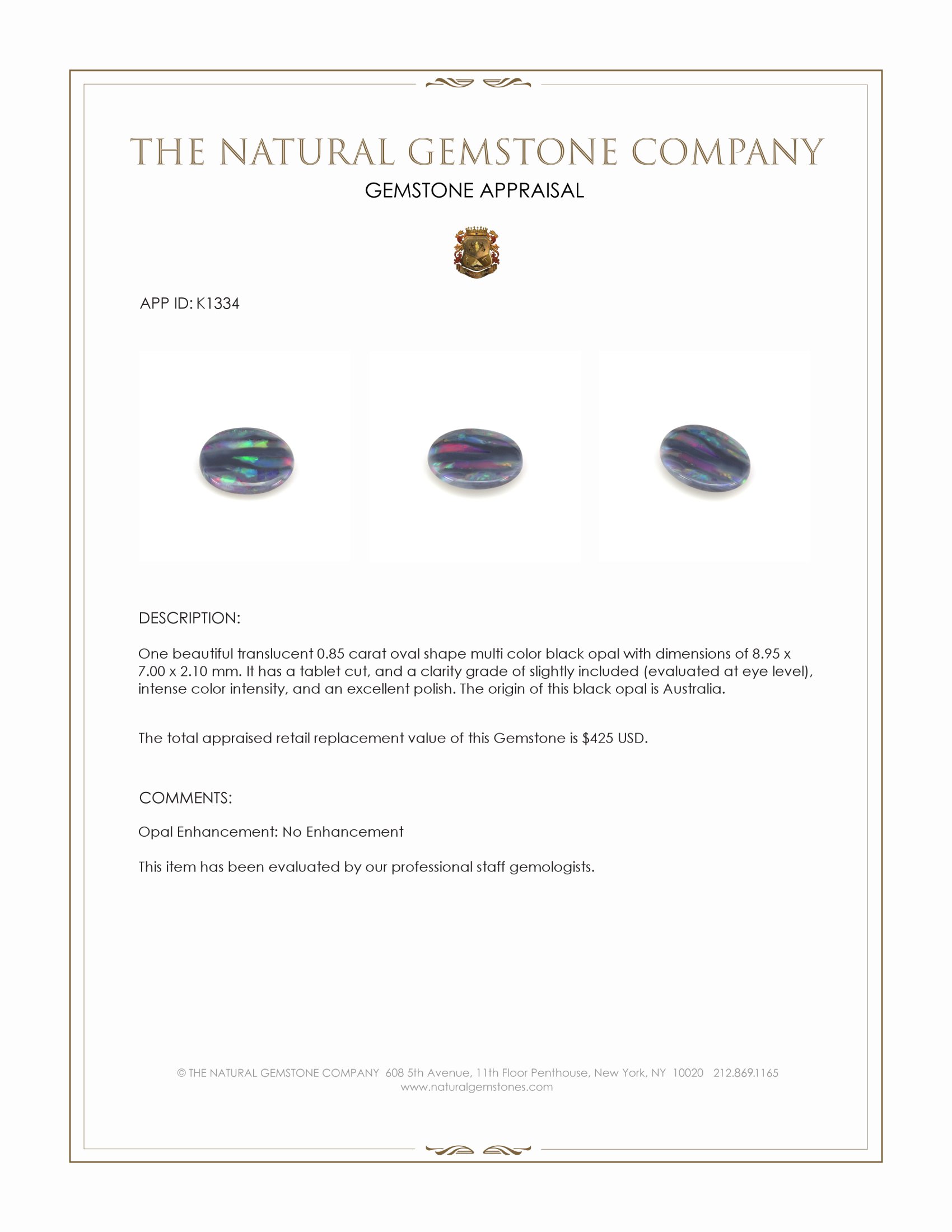 0.85 Ct. Black Opal from Australia