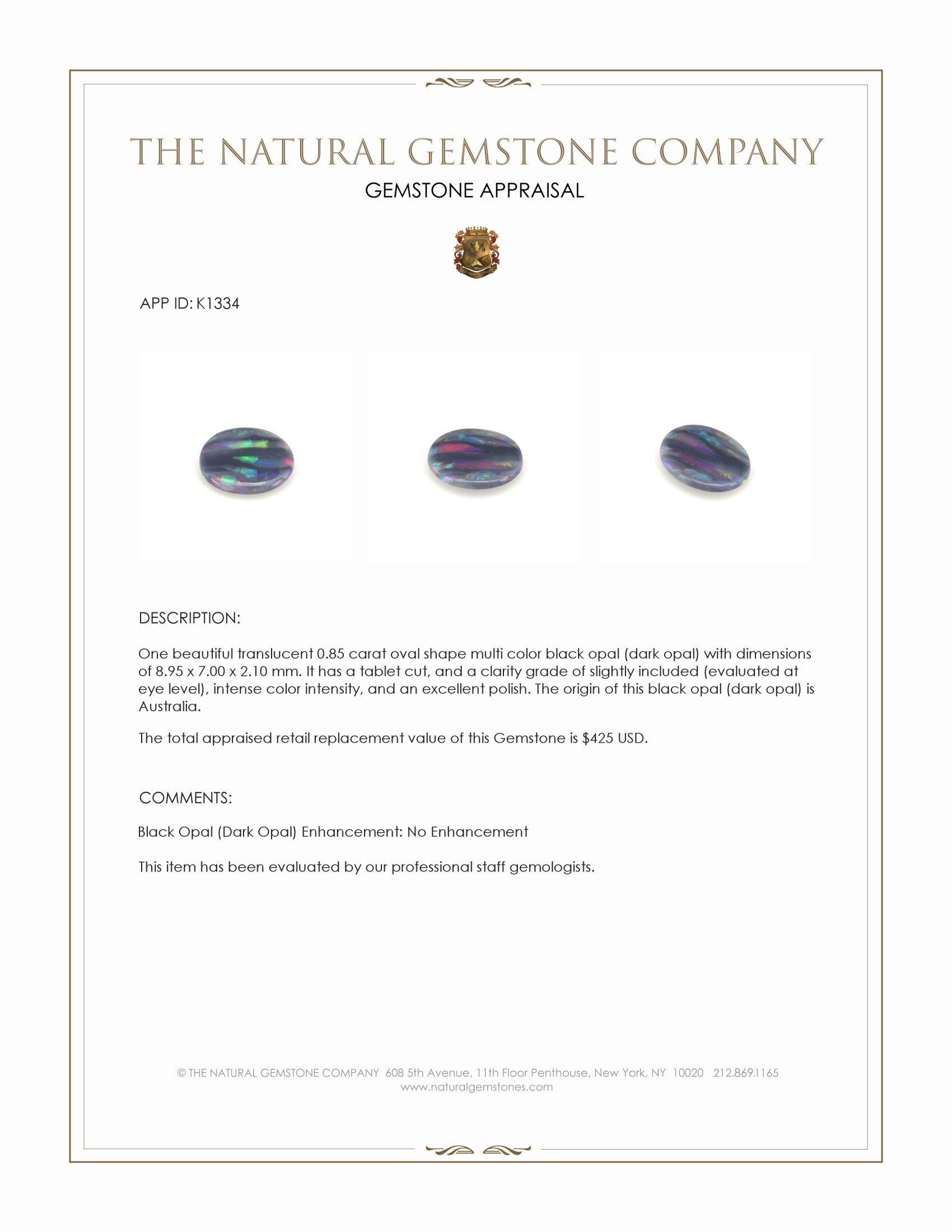 0.85 Ct. Multi Color Black Opal (Dark Opal) from Australia