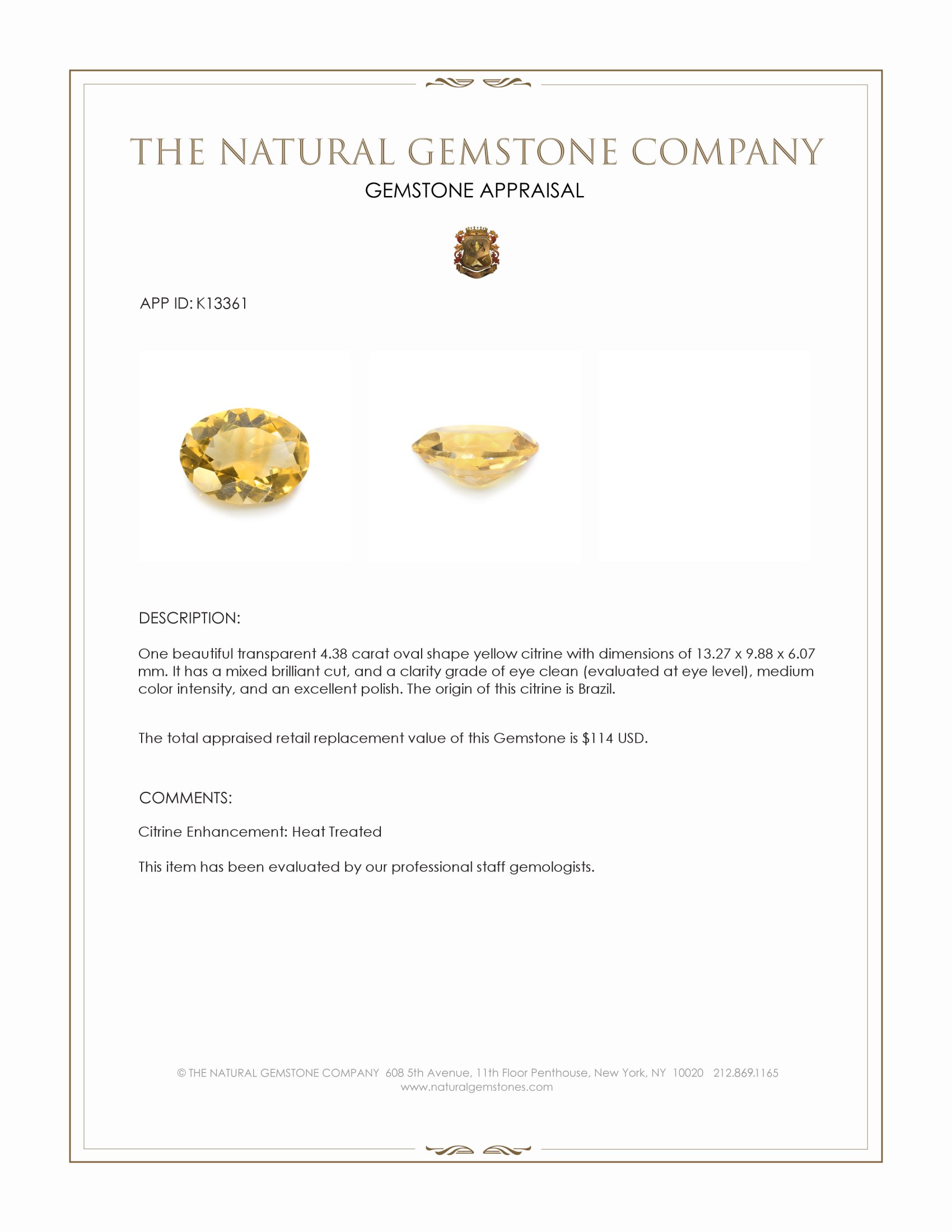 4.38 Ct. Yellow Citrine from Brazil