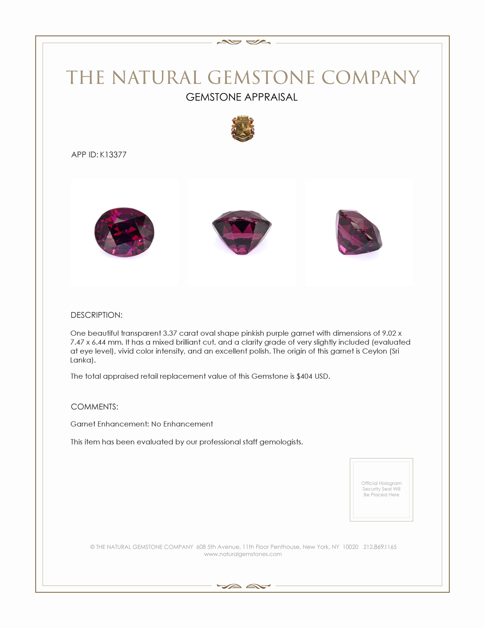 3.37 Ct. Garnet from Ceylon (Sri Lanka)