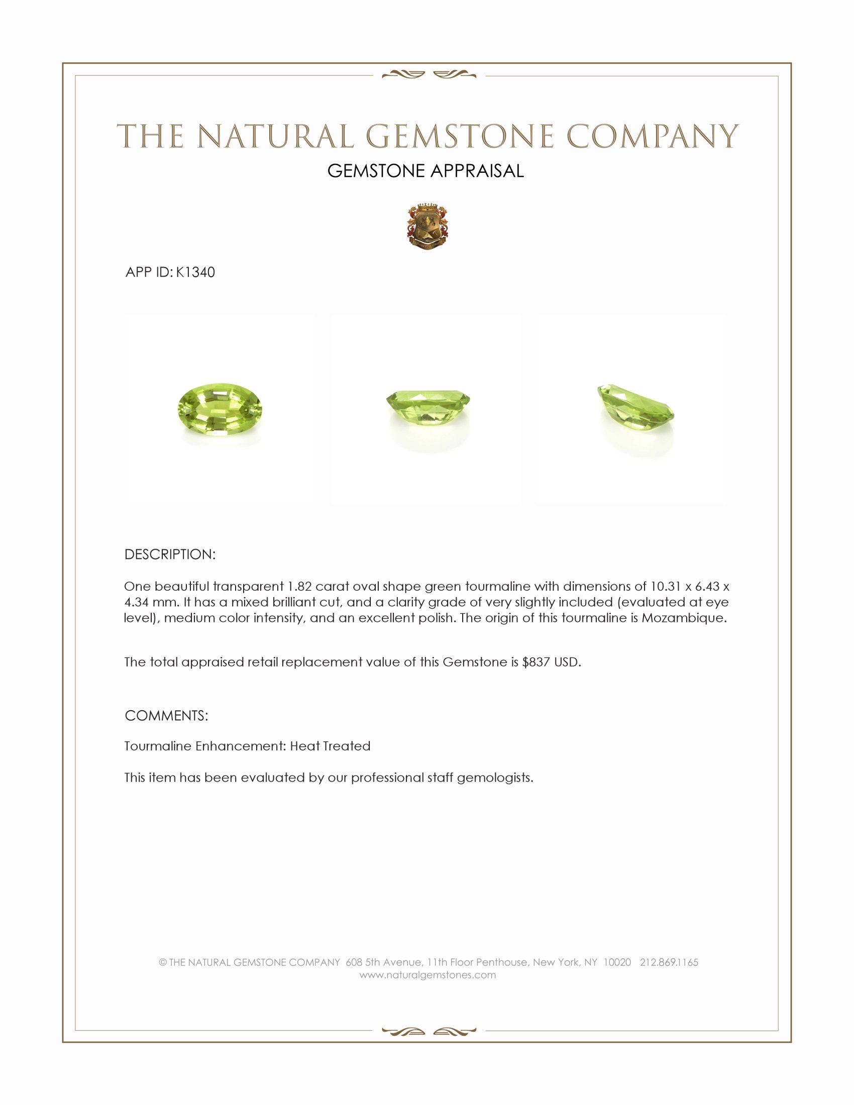 1.82 Ct. Green Tourmaline from Mozambique