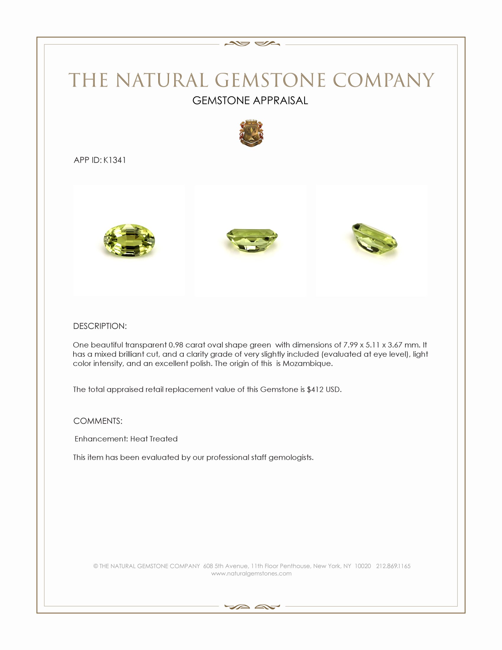 0.98 Ct. Green Tourmaline from Mozambique