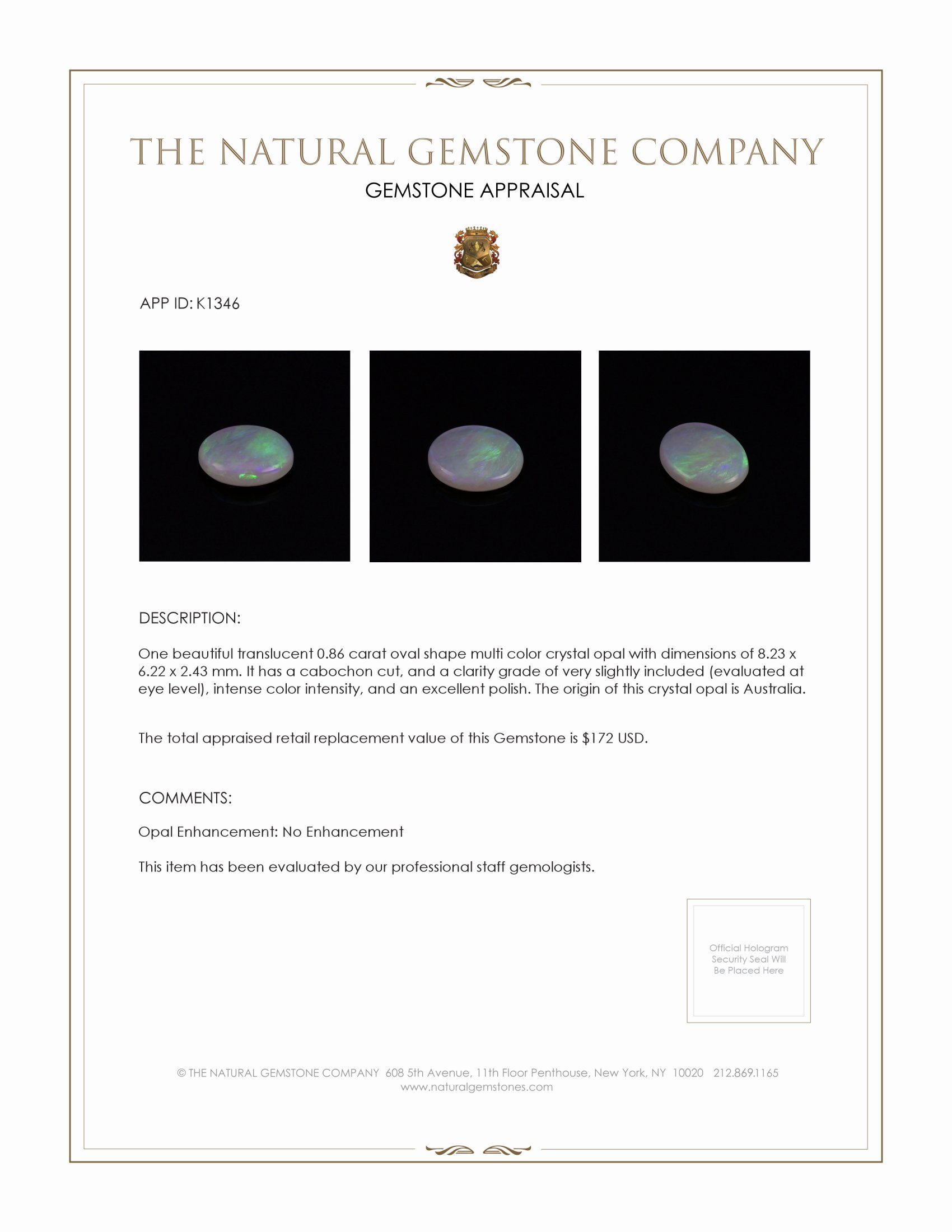 0.86 Ct. Cabochon Crystal/Jelly Opal from Australia