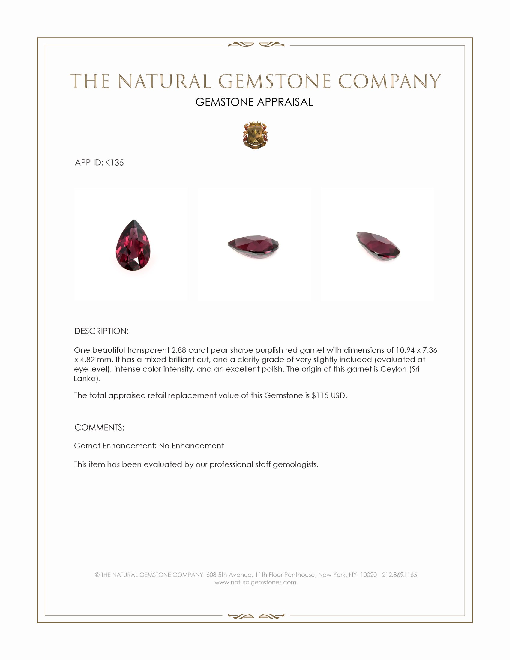 2.88 Ct. Garnet from Ceylon (Sri Lanka)