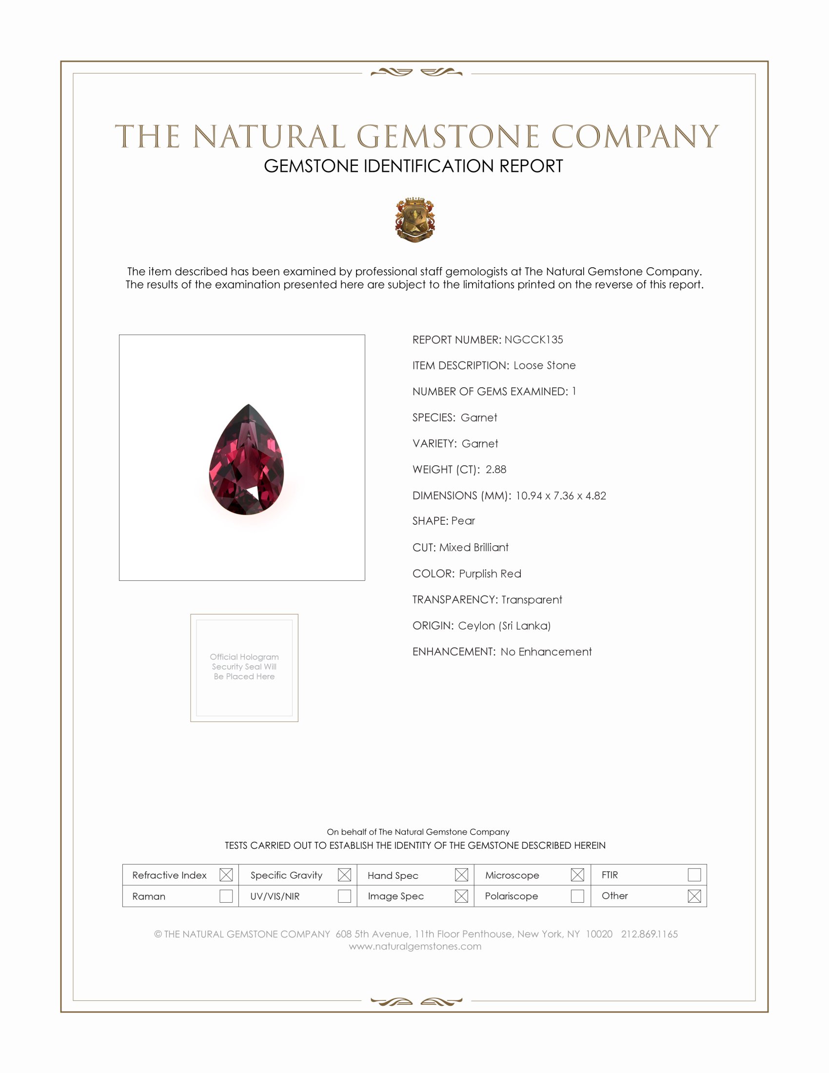 2.88 Ct. Purplish Red Garnet from Ceylon (Sri Lanka)