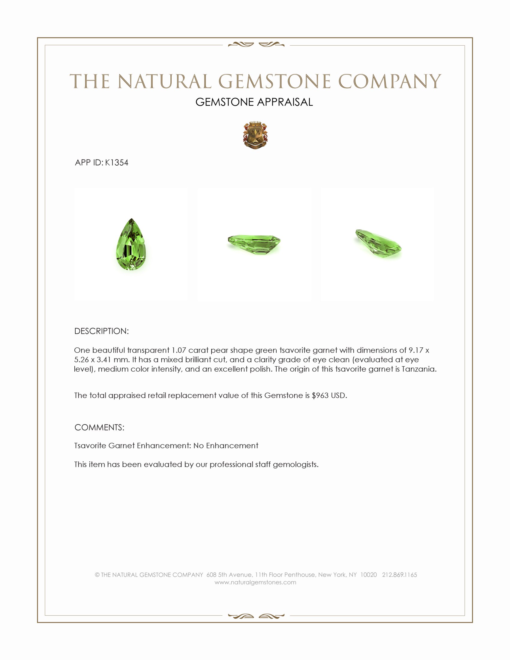 1.07 Ct. Tsavorite Garnet from Tanzania