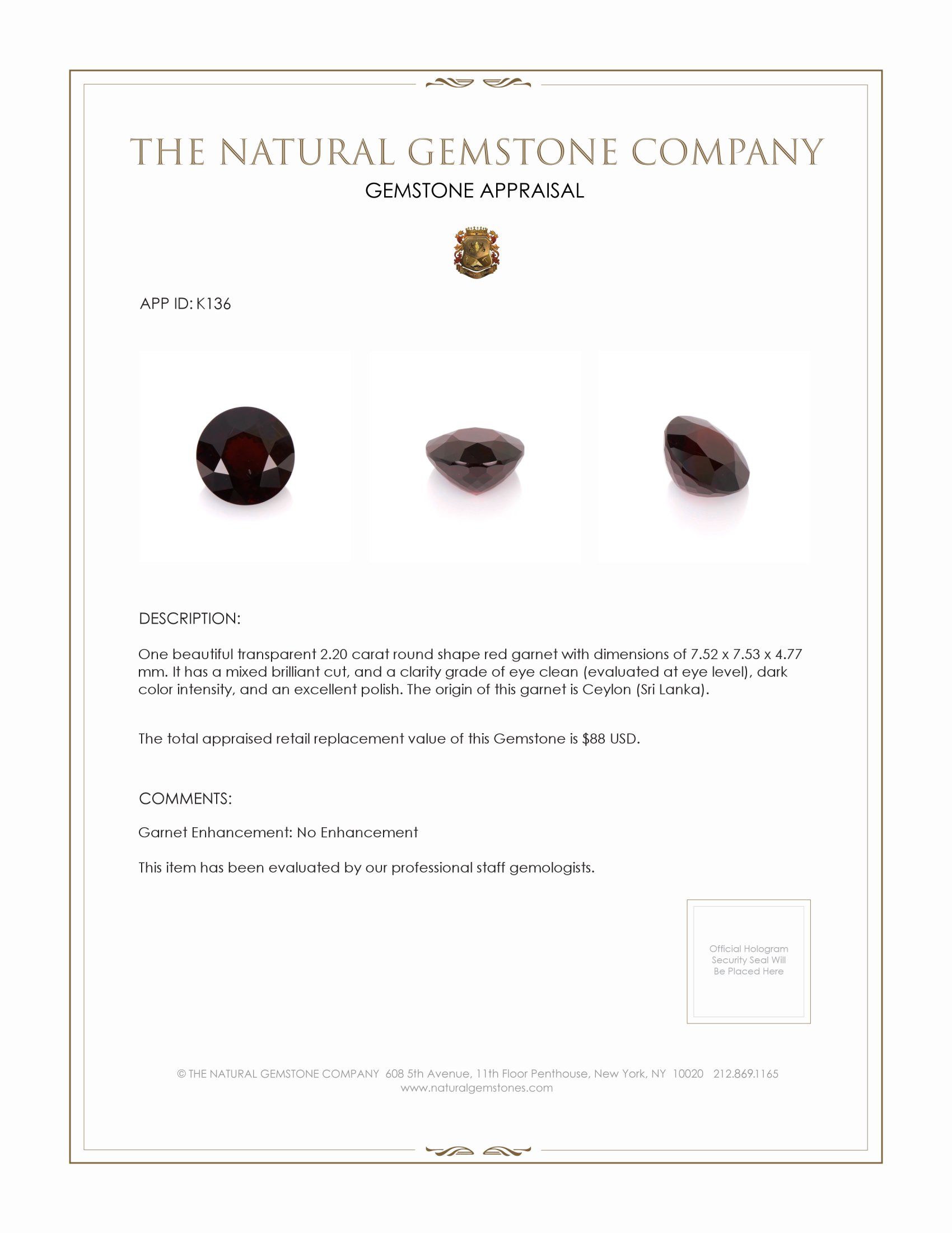 2.20 Ct. Garnet from Ceylon (Sri Lanka)
